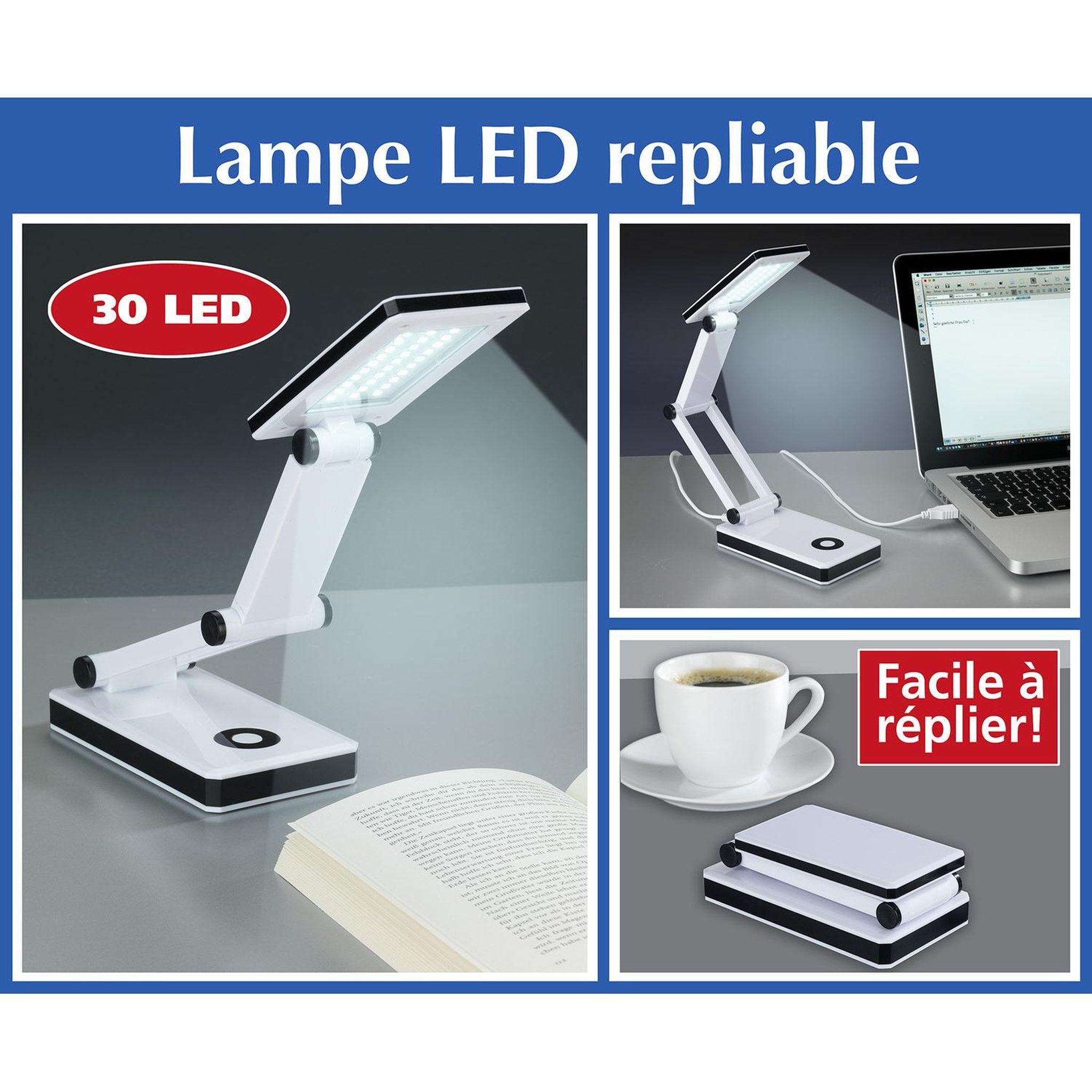 Voir la diapositive 4 : Wenko Lampe led de bureau pliante oka - h. 24 cm - blanc