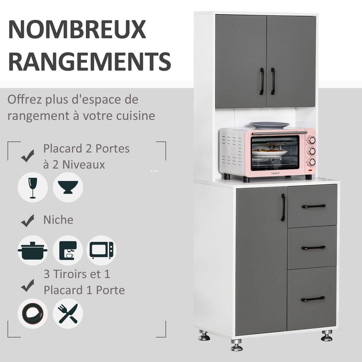 HOMCOM HOMCOM Armoire de cuisine multi-rangements 2 + 1 porte 3 tiroirs + grand plateau dim. 60L x 40l x 150H cm bicolore gris blanc