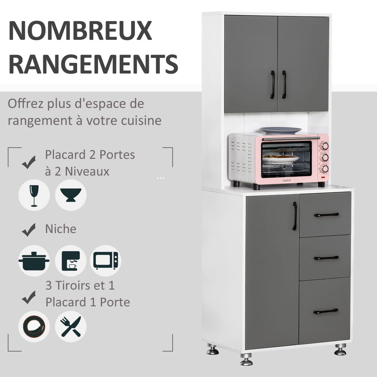 HOMCOM HOMCOM Armoire de cuisine multi-rangements 2 + 1 porte 3 tiroirs + grand plateau dim. 60L x 40l x 150H cm bicolore gris blanc