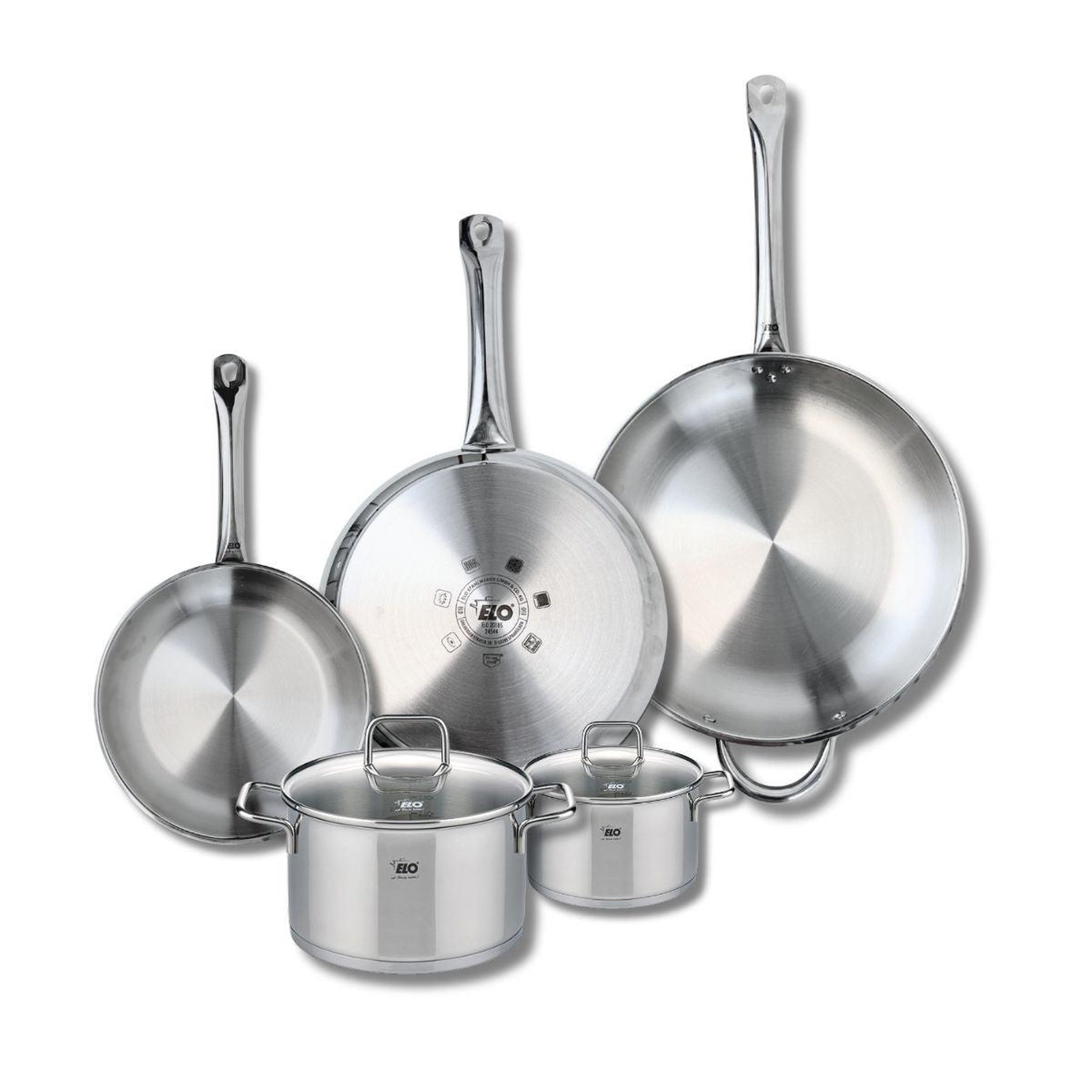 ELO Ensemble de 3 poêles de cuisson 24, 28 et 32 cm et 2 faitouts 14 et 20 cm elo profi citrin