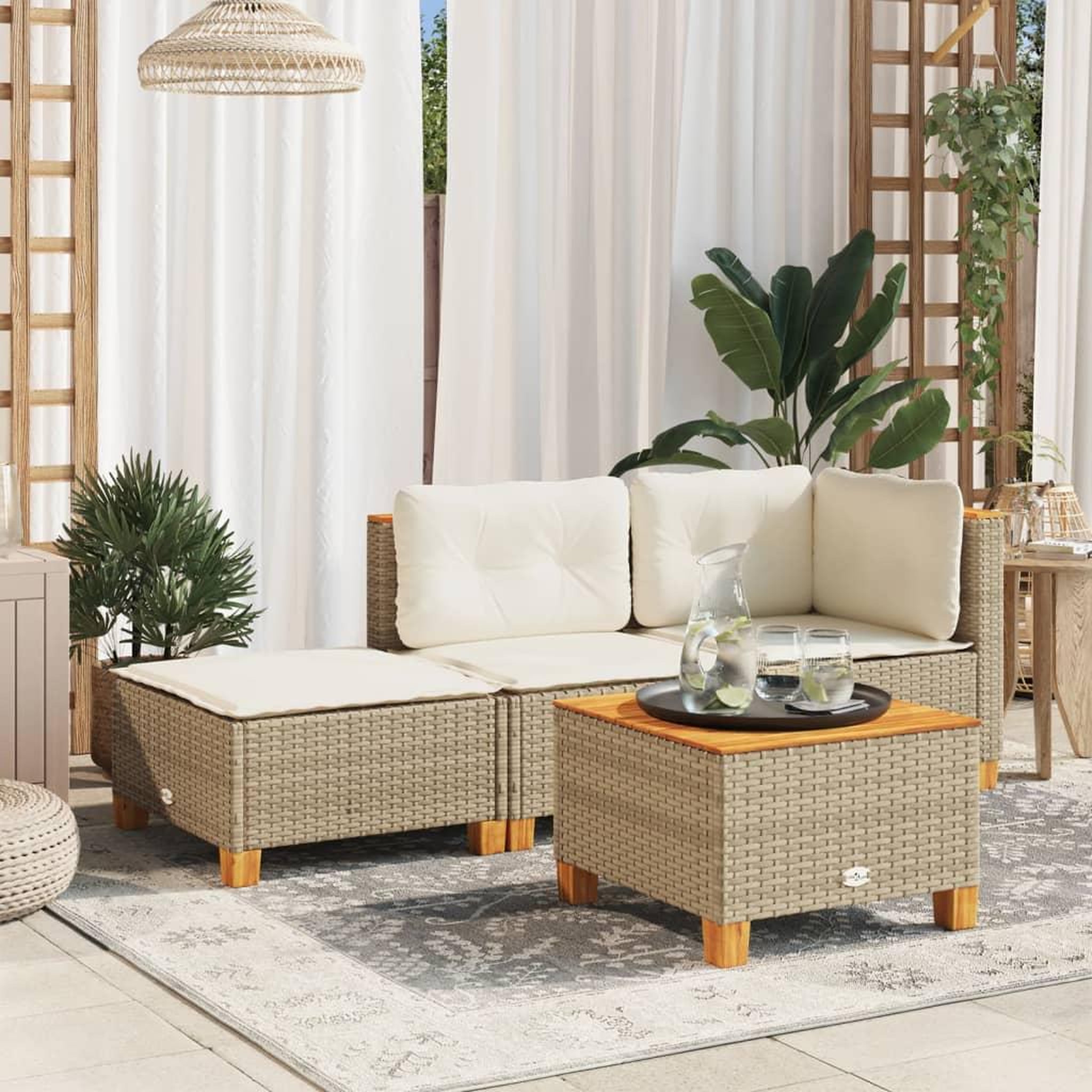 VIDAXL Tabouret de jardin et coussin beige 63,5x56x32cm resine tressee