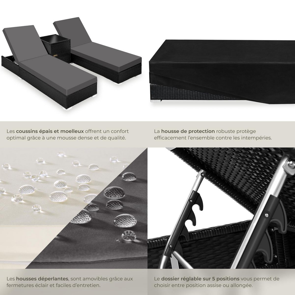 tectake Lot de 2 bains de soleil design luxueux avec cadre en aluminium noir