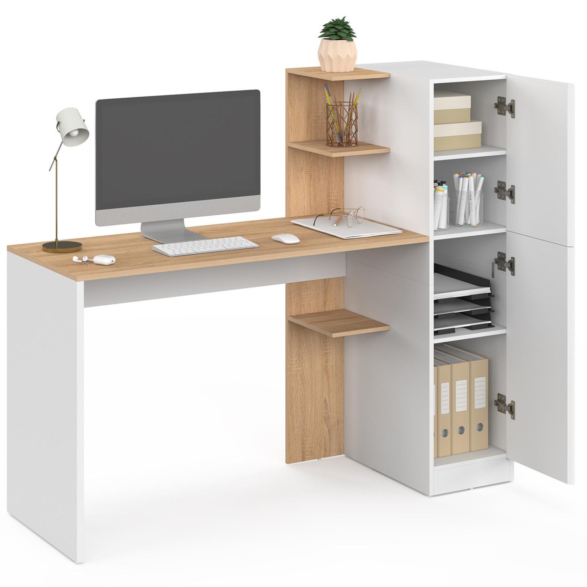 Voir la diapositive 4 : ID MARKET Bureau avec armoire de rangements 140x50 cm NICO étagères blanc et bois