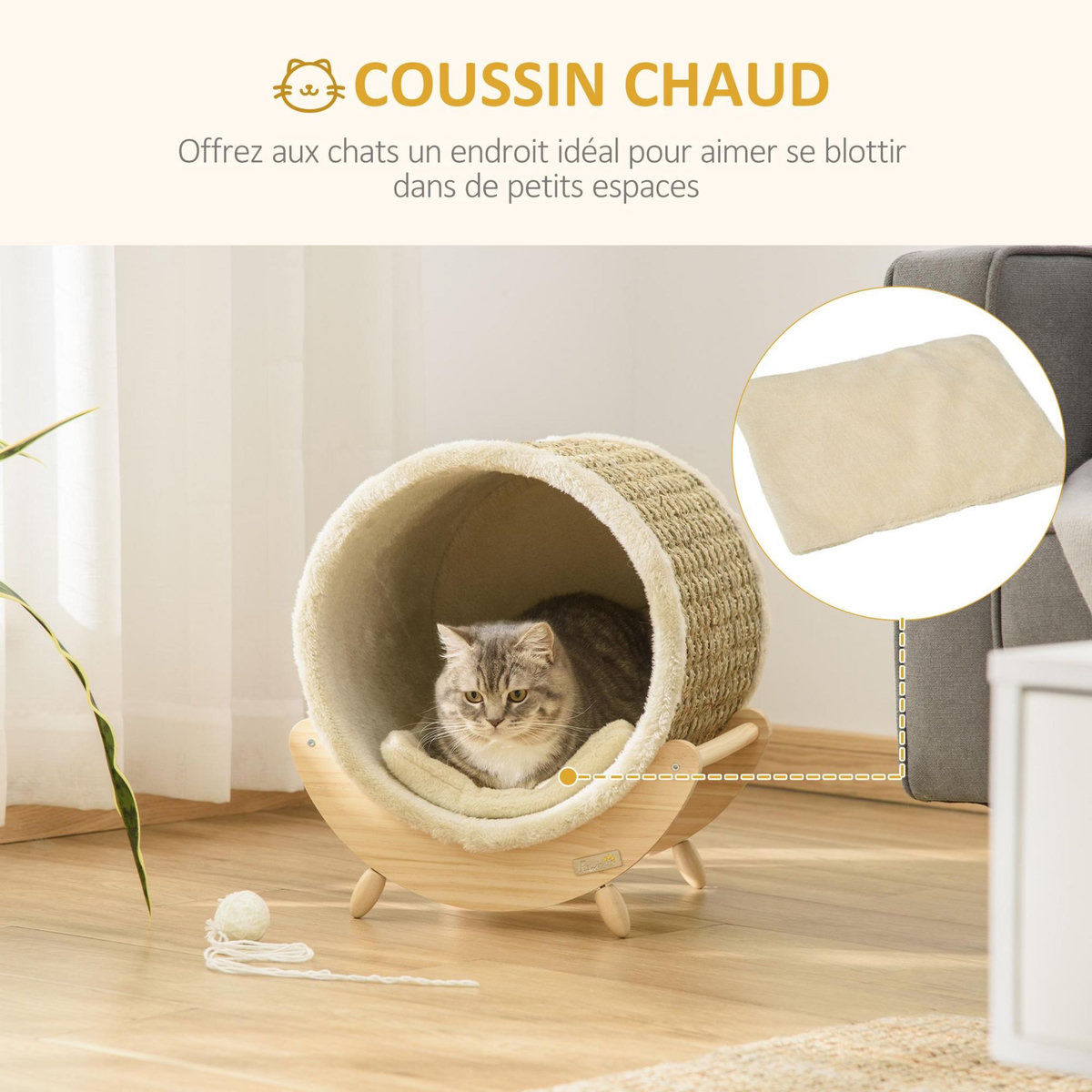 PAWHUT Maison pour chat design - niche chat panier chat - coussin, grattoir sisal jonc de mer naturel inclus - bois flanelle beige
