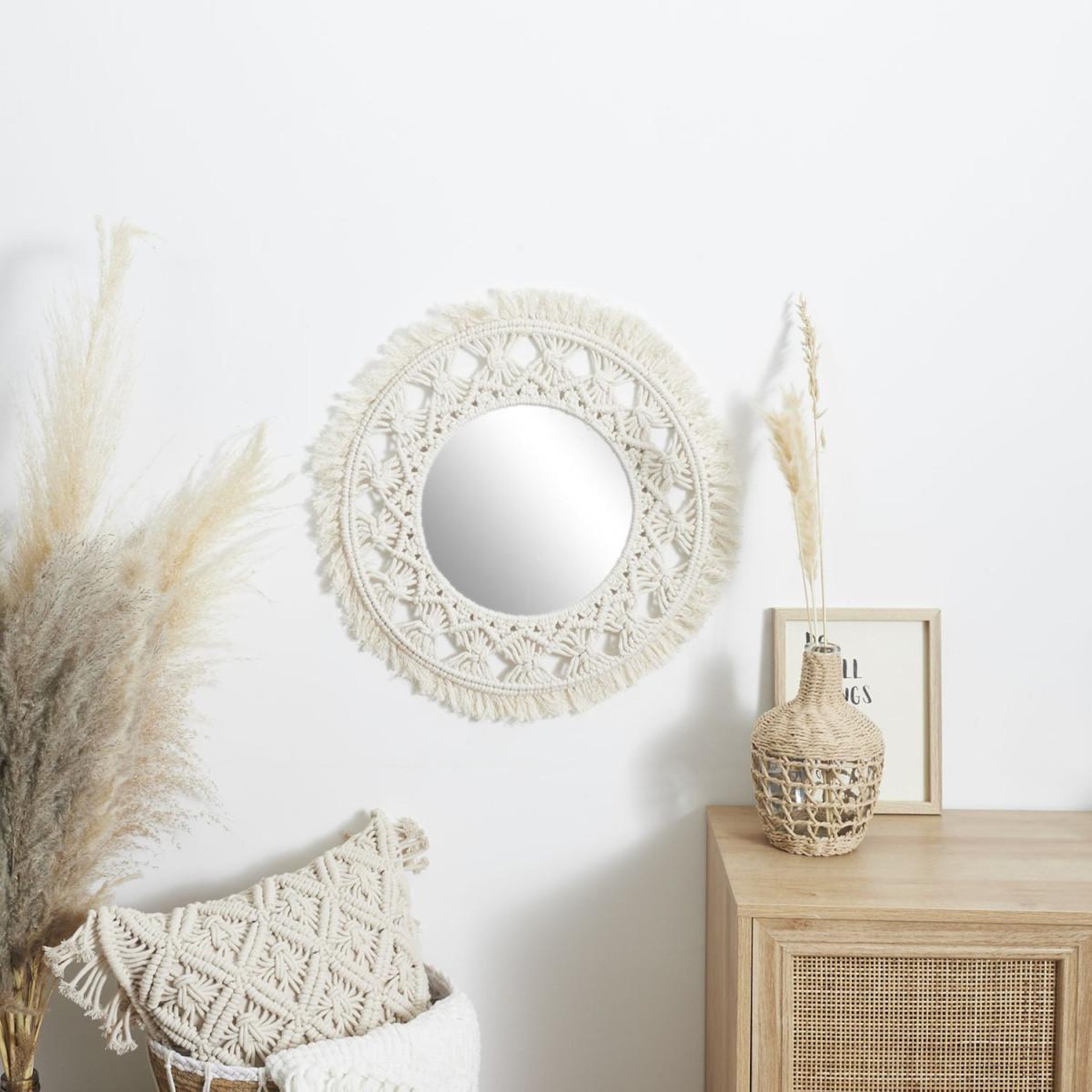 Voir la diapositive 3 : The Home Deco Factory Miroir déco macramé  boho  55cm beige