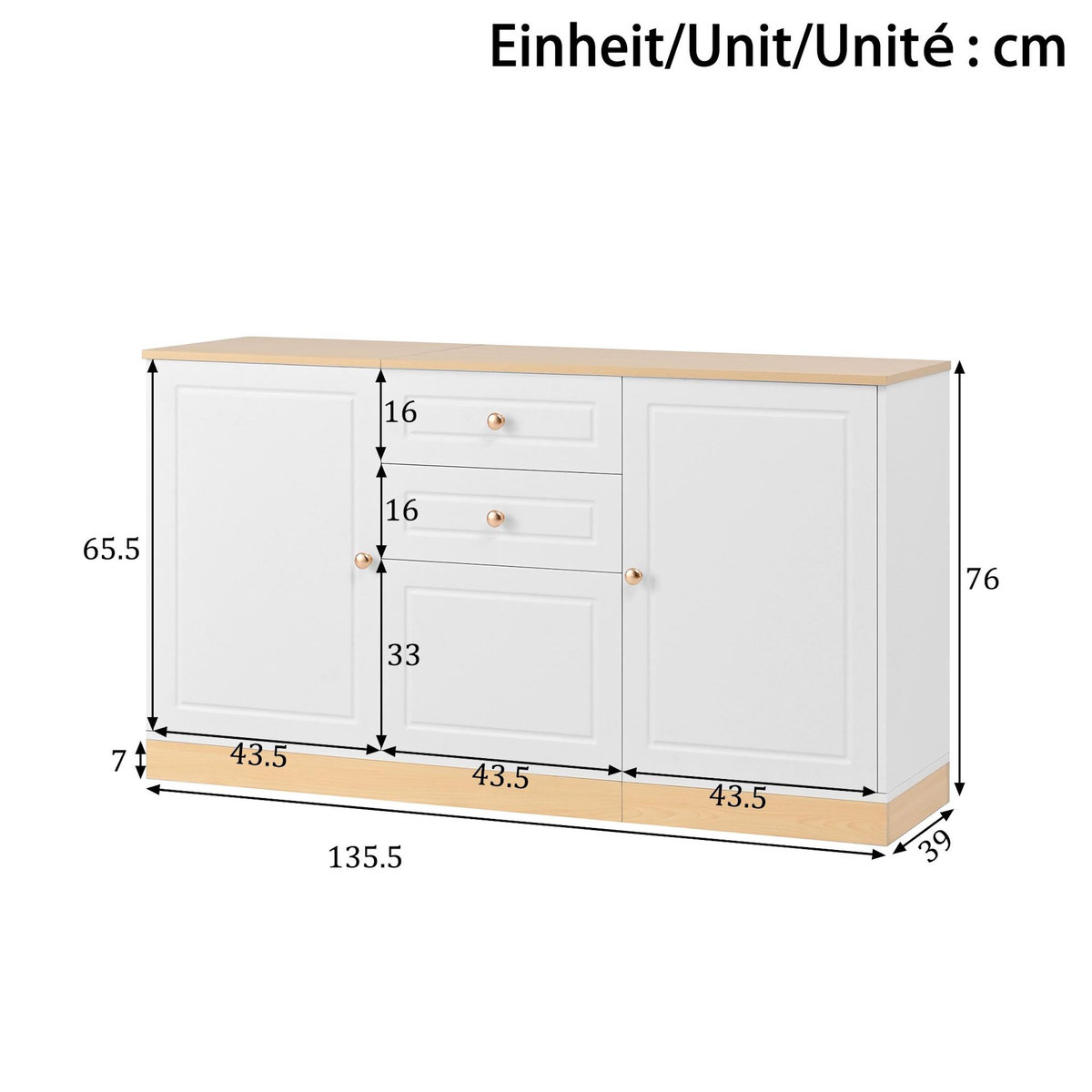 MERAX Buffet 3 porte(s) 2 tiroir(s) - 135,5 cm blanc panneau de particules