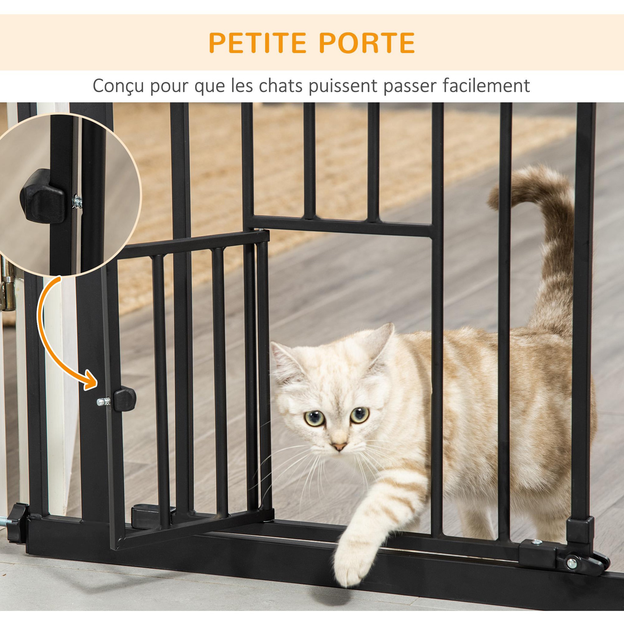 Voir la diapositive 6 : PAWHUT Barrière de sécurité chien h.104 cm - porte double verrouillage - sans perçage - acier noir
