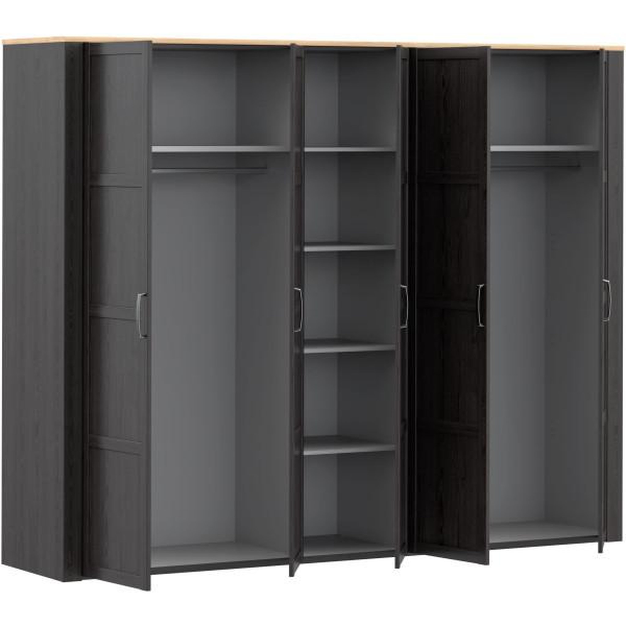 Voir la diapositive 5 : MARKET24 Armoire de chambre - BOHOL - Décor Chene et Noir - 5 portes battantes - L265,6 x P59,6 x H214 cm
