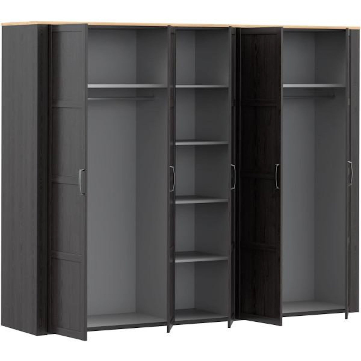 MARKET24 Armoire de chambre - BOHOL - Décor Chene et Noir - 5 portes battantes - L265,6 x P59,6 x H214 cm