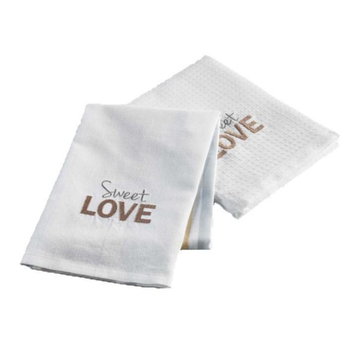 Paris Prix Lot de 2 Torchons Nid d'Abeille Brodé  Hearty  50x70cm Blanc