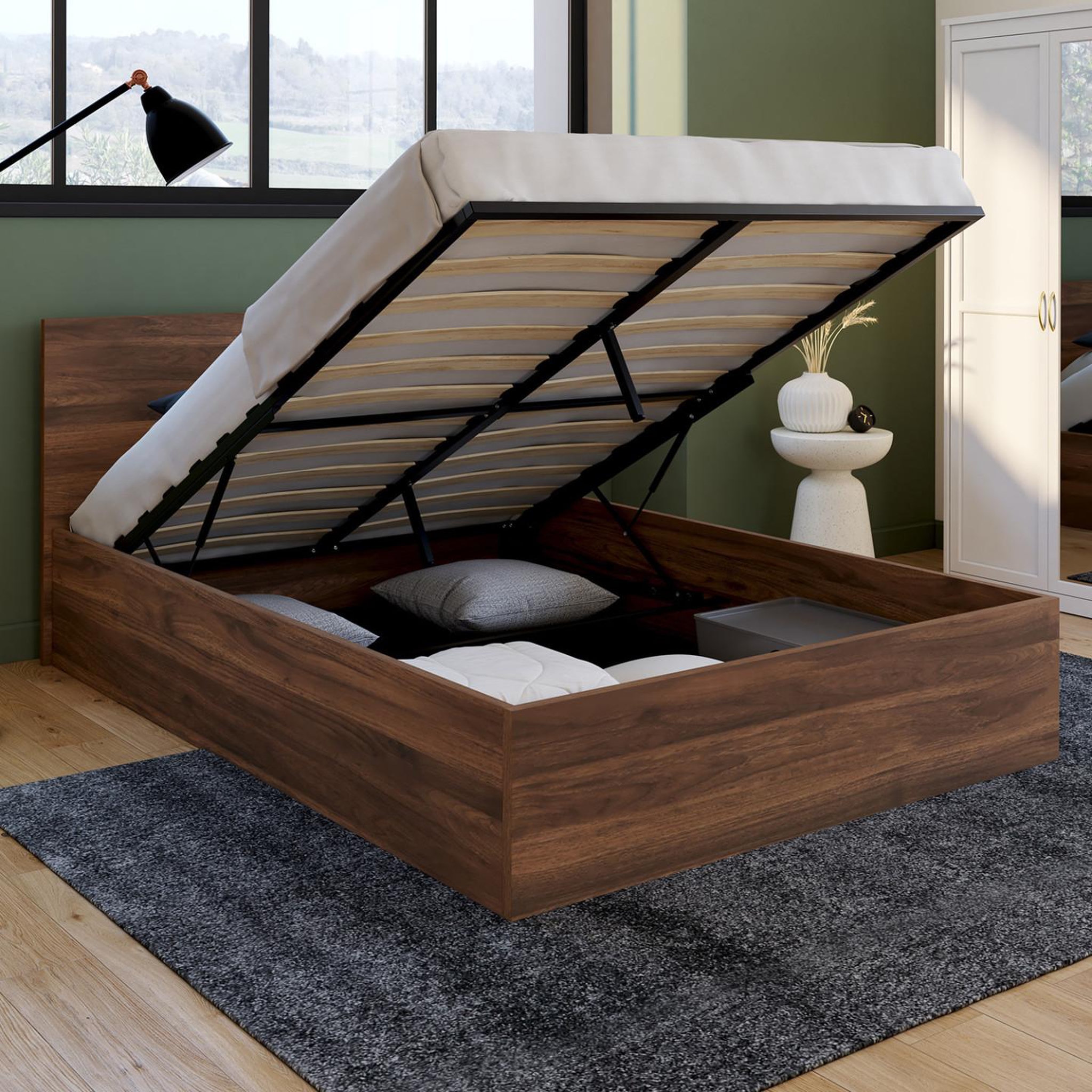 Voir la diapositive 2 : ID MARKET Lit coffre double seaside avec tête de lit et sommier 140 x 190 cm effet noyer