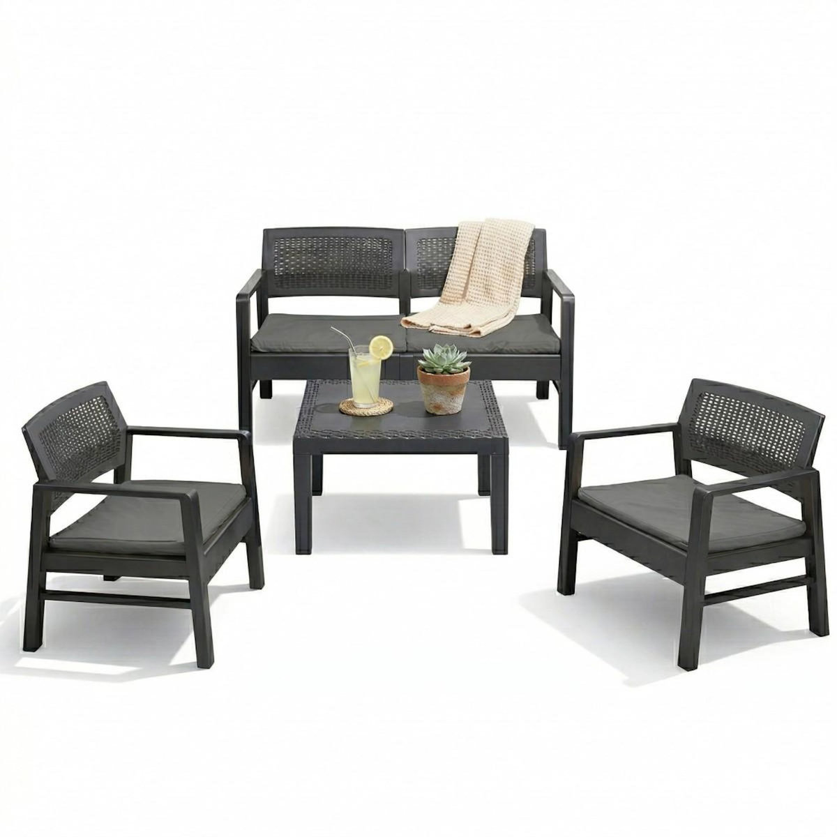 KZ GARDEN Salon de jardin Extérieur 4 personnes Gris Anthracite Canapé 2 places + 2 fauteuils + Table basse + 4 Coussins KZ GARDEN