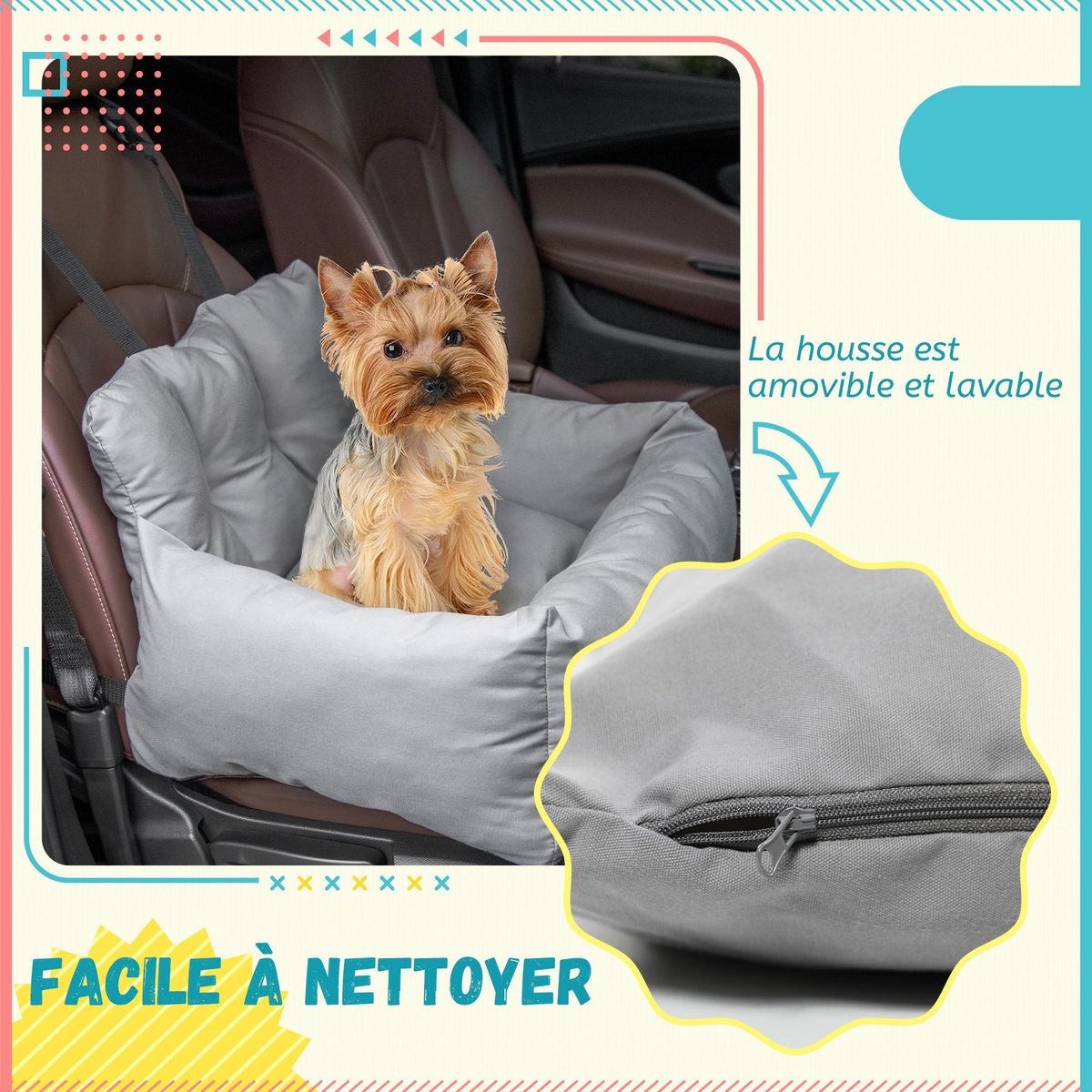 PAWHUT Sac de transport pour chien chat - siège auto pour chien chat - housse de siège pour chien chat - déhoussable, sangles ajustables, attache - coton gris