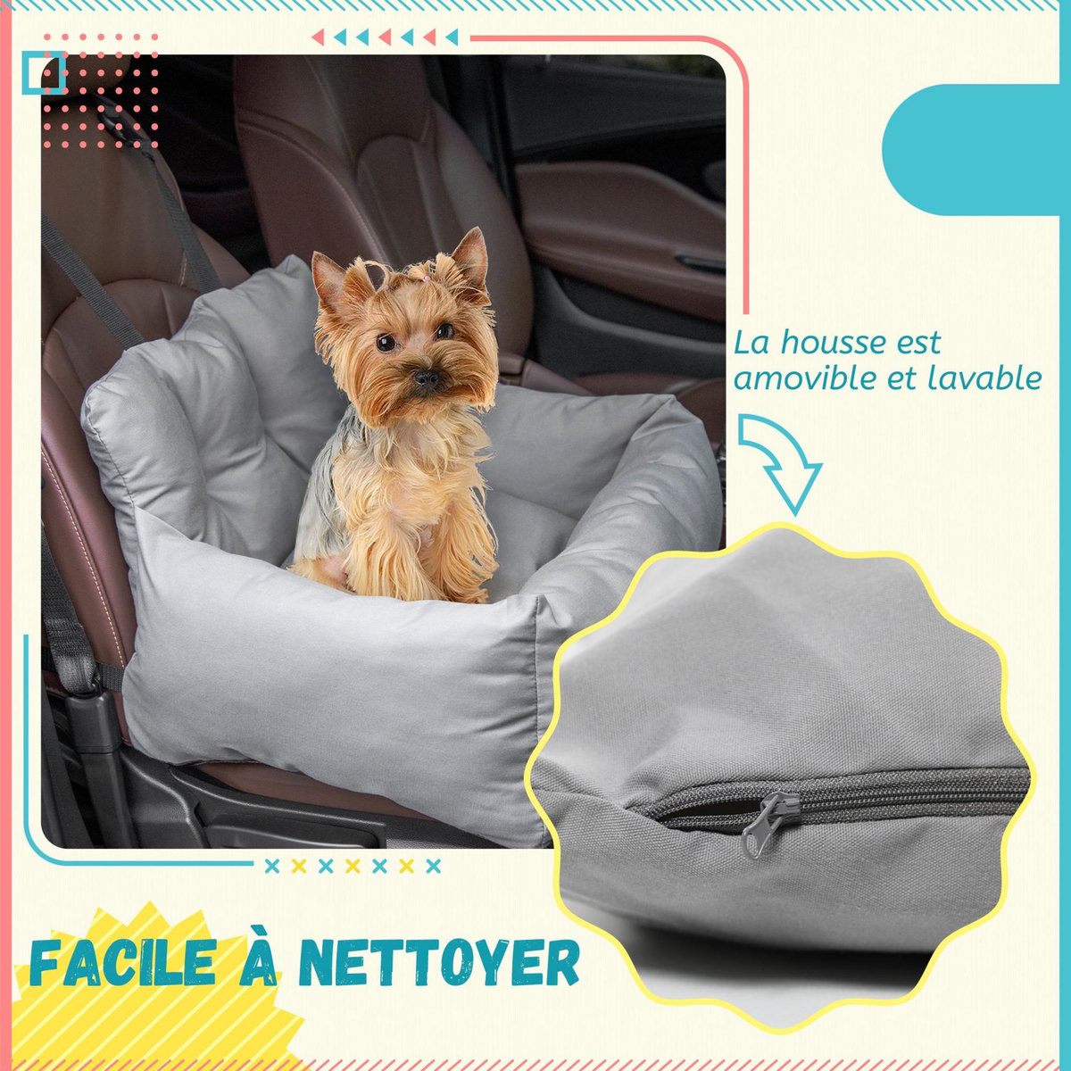 PAWHUT Sac de transport pour chien chat - siège auto pour chien chat - housse de siège pour chien chat - déhoussable, sangles ajustables, attache - coton gris
