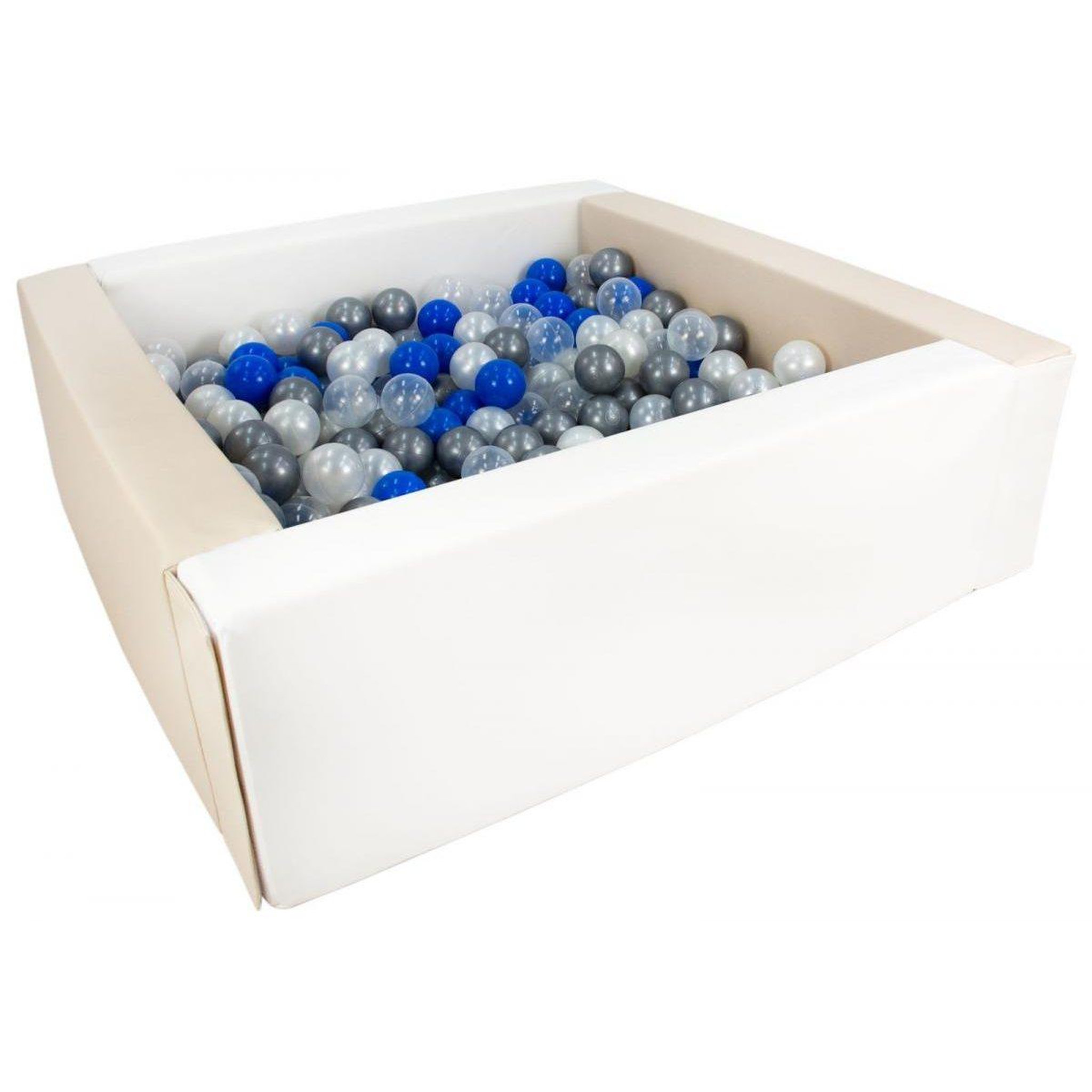 VELINDA Piscine à balles carrée avec 300 balles - blanc, cappuccino/perle, transparent, bleu, argent