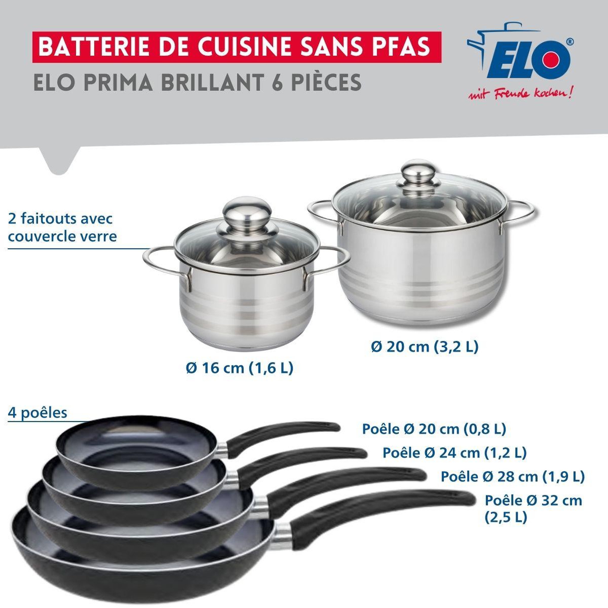 Voir la diapositive 2 : ELO Ensemble de 4 poêles de cuisson 20, 24, 28 et 32 cm et 2 faitouts 16 et 20 cm elo prima brillant