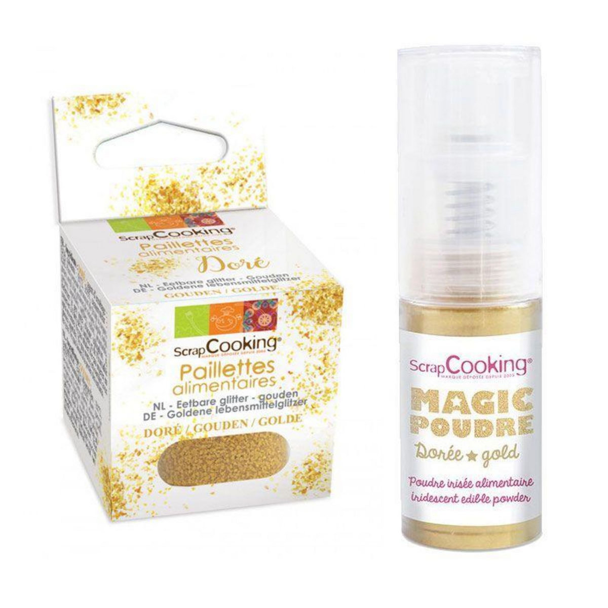 SCRAPCOOKING Paillettes alimentaires dorées + Poudre irisée dorée