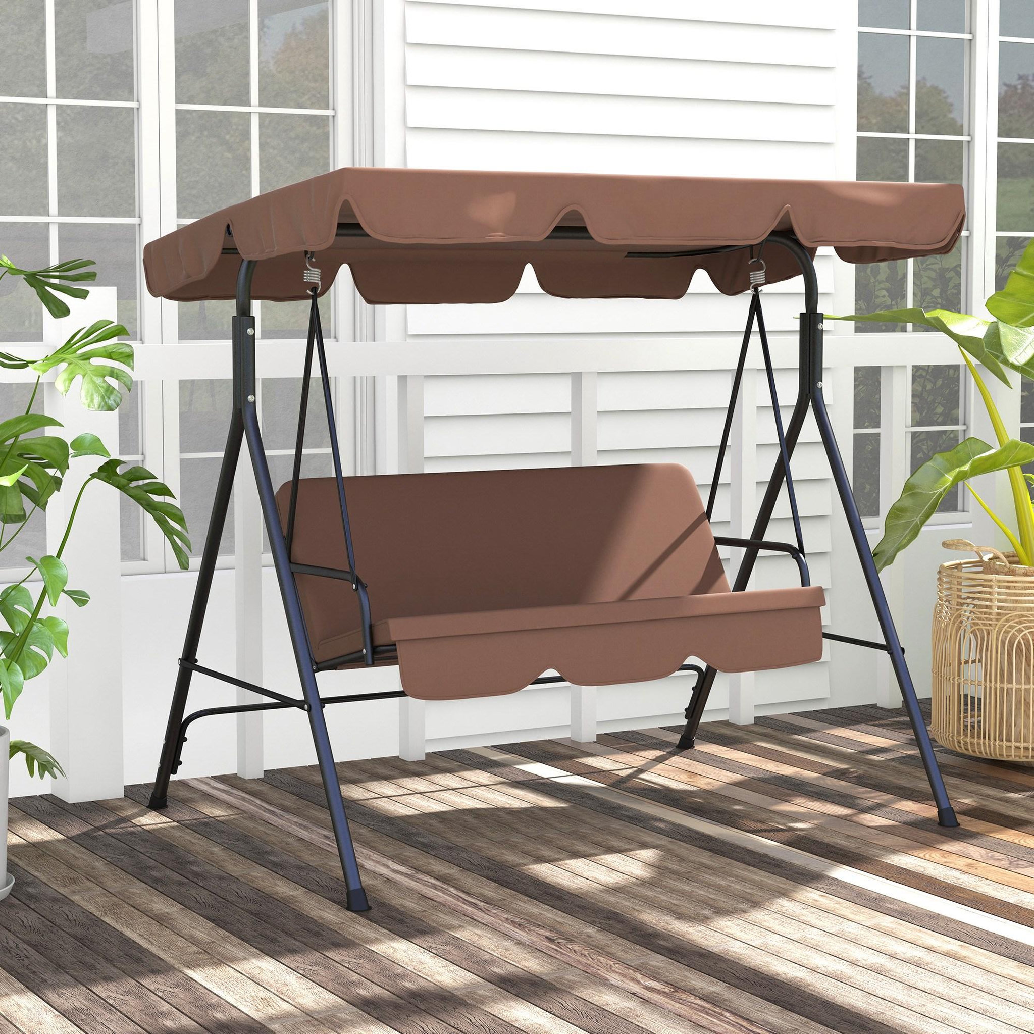 Voir la diapositive 4 : OUTSUNNY Balancelle de jardin 3 places toit réglable coussins assise dossier acier polyester marron