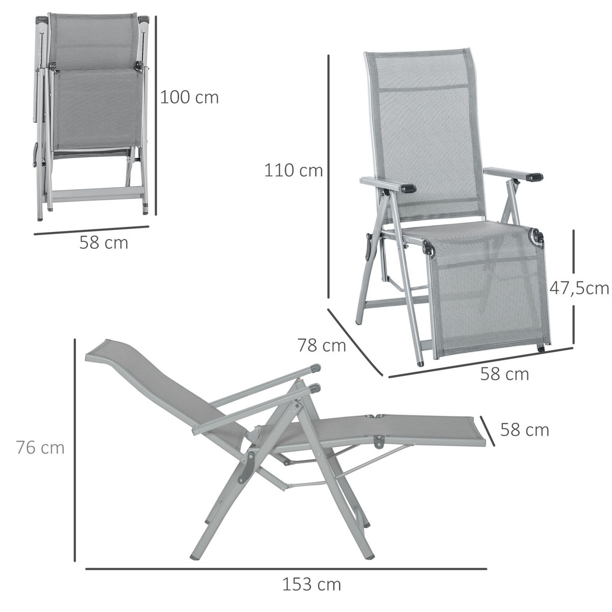 OUTSUNNY Chaise longue pliable dossier & repose-pied réglable multi-positions métal époxy textilène gris