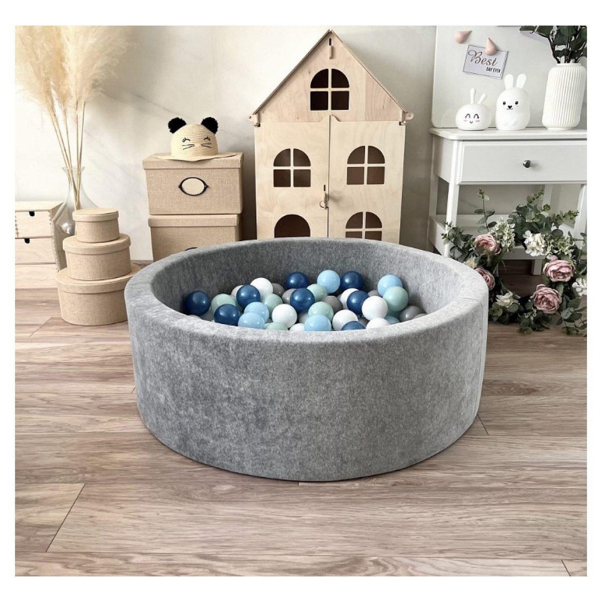 Voir la diapositive 2 : MONIO FOR KIDS Piscine à balles velours 90 cm gris + 200 balles