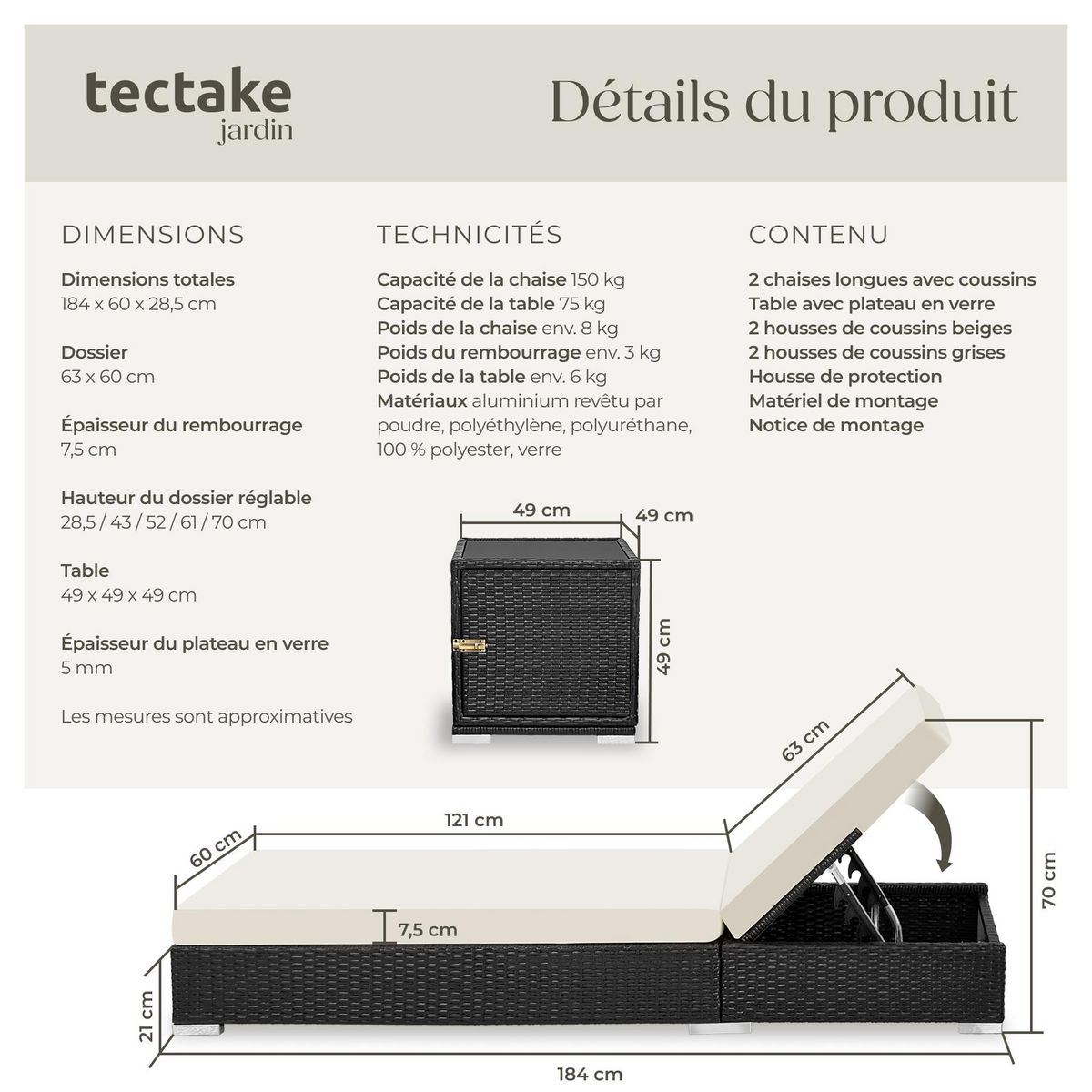 tectake Lot de 2 bains de soleil design luxueux avec cadre en aluminium noir