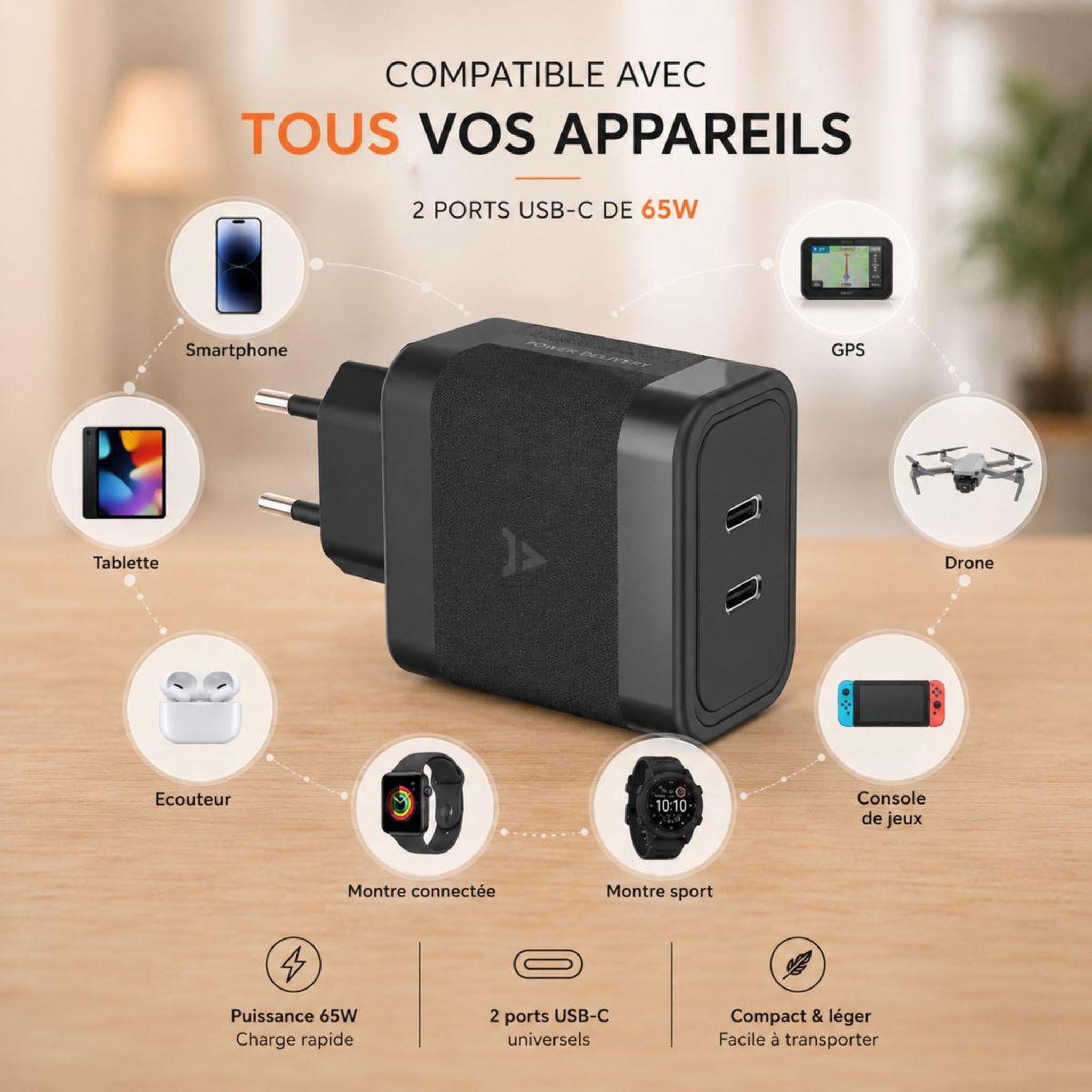 Voir la diapositive 3 : ADEQWAT Chargeur ordinateur portable 65w charge rapide 2 usb-c - noir