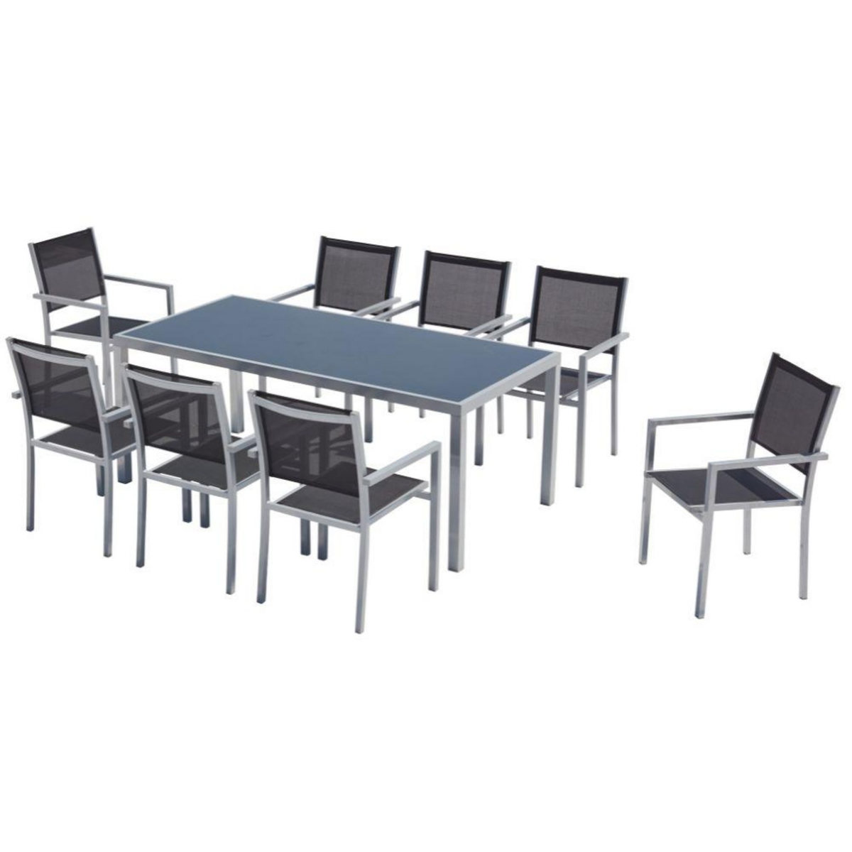 CONCEPT USINE Table de jardin et 8 fauteuils aluminium et toile PVC gris SALERNE