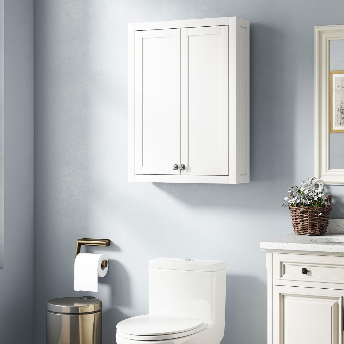 HOMCOM Armoire murale de salle de bain 3 niveaux 2 portes étagère bois blanc