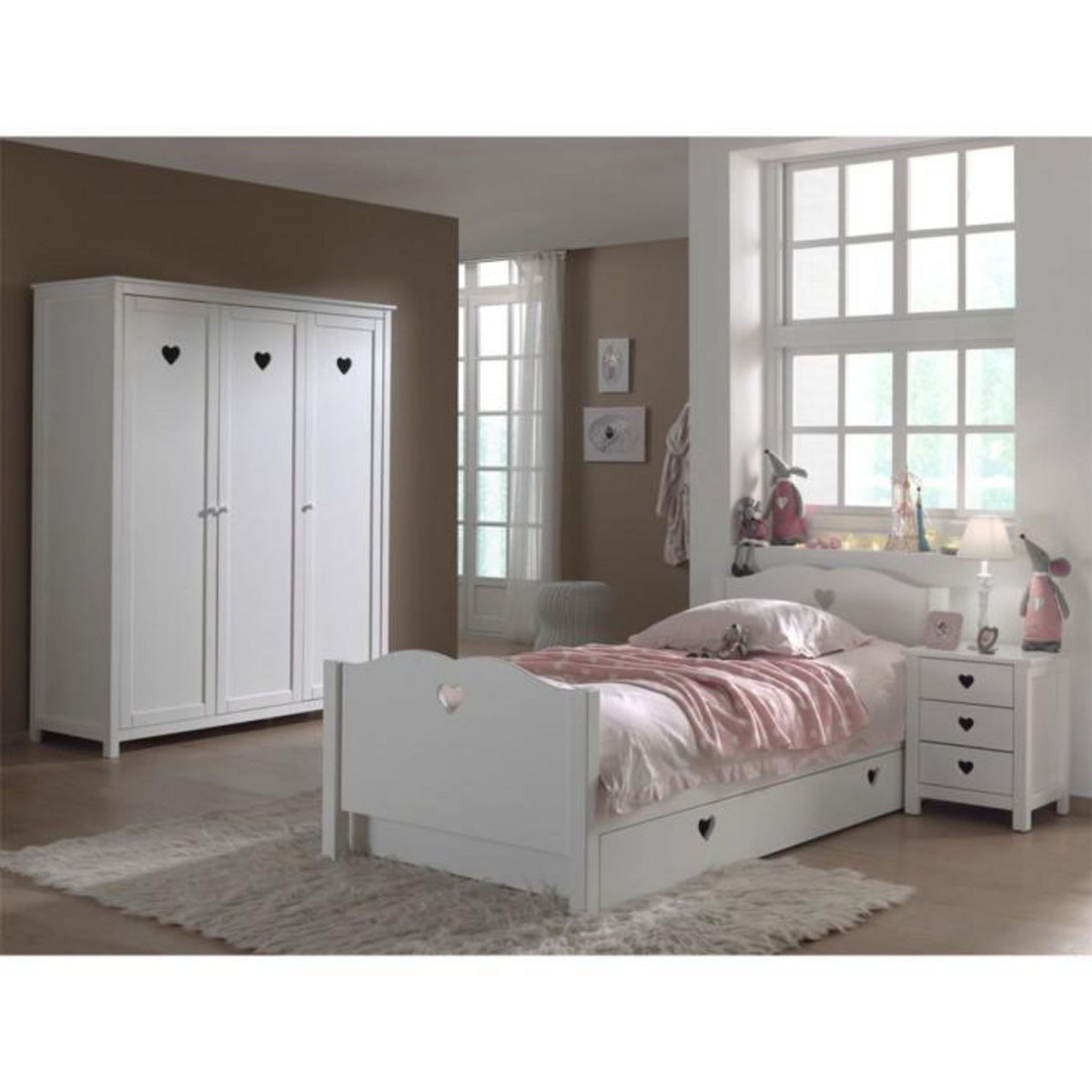 Paris Prix Pack - Lit Enfant, Chevet, Tiroir & Armoire  Amori  Blanc