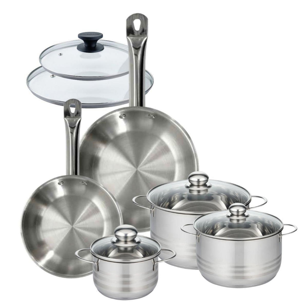 Fackelmann Set 2 poêles 24 28 cm en inox et 2 couvercles verre, 3 faitouts inox 16, 20 et 24 cm Fackelmann Eterna