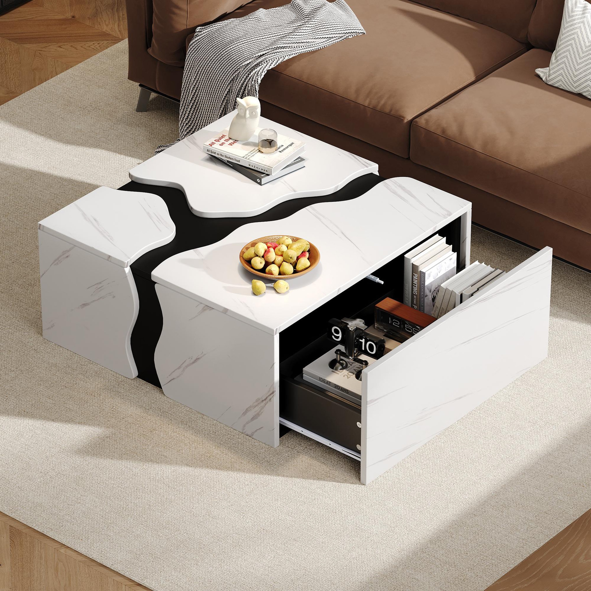 Voir la diapositive 2 : MERAX Table basse carrée blanc avec 1 tiroir - 70x70 cm panneau de particules