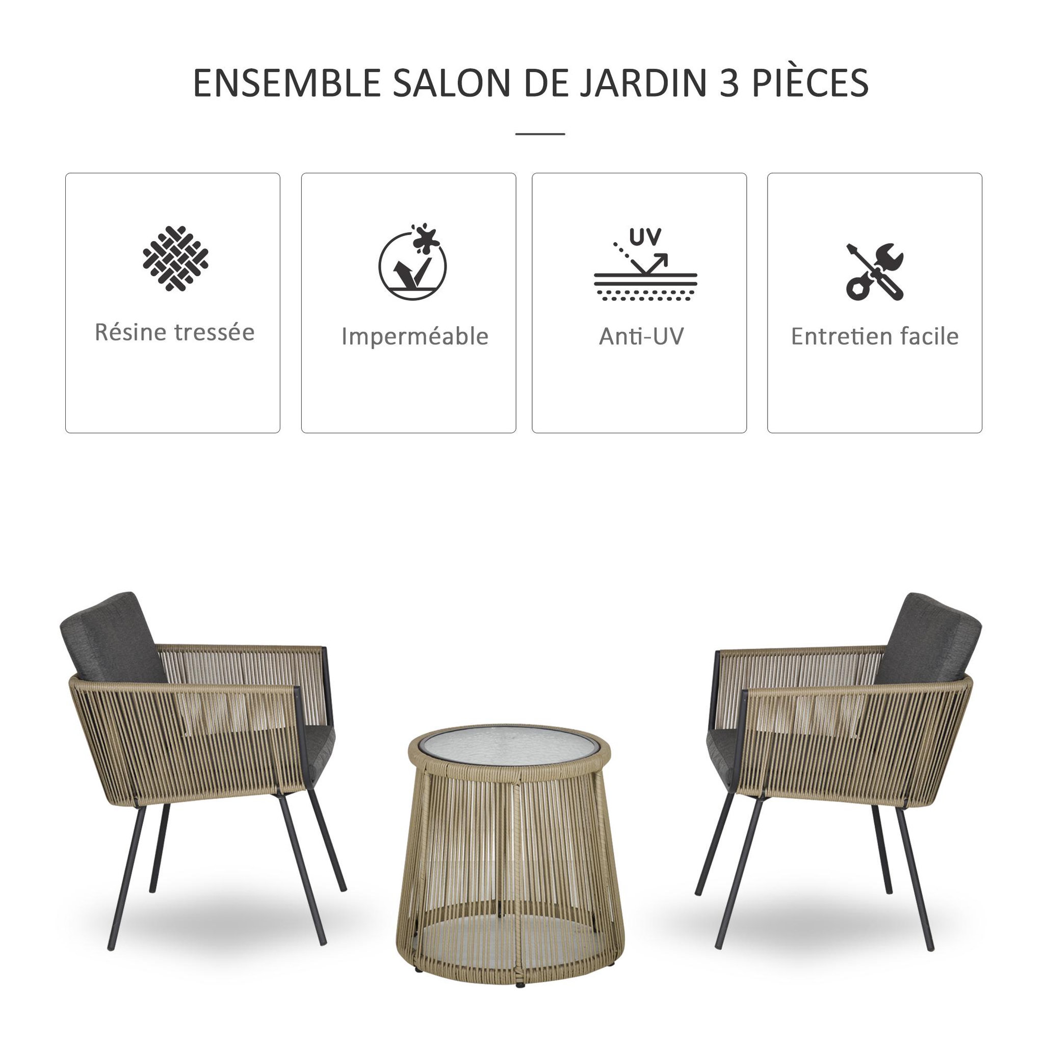 Voir la diapositive 4 : OUTSUNNY Ensemble salon de jardin 3 pièces style colonial 2 fauteuils avec coussins gris + table basse résine filaire beige
