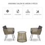 Voir la diapositive 4 : OUTSUNNY Ensemble salon de jardin 3 pièces style colonial 2 fauteuils avec coussins gris + table basse résine filaire beige