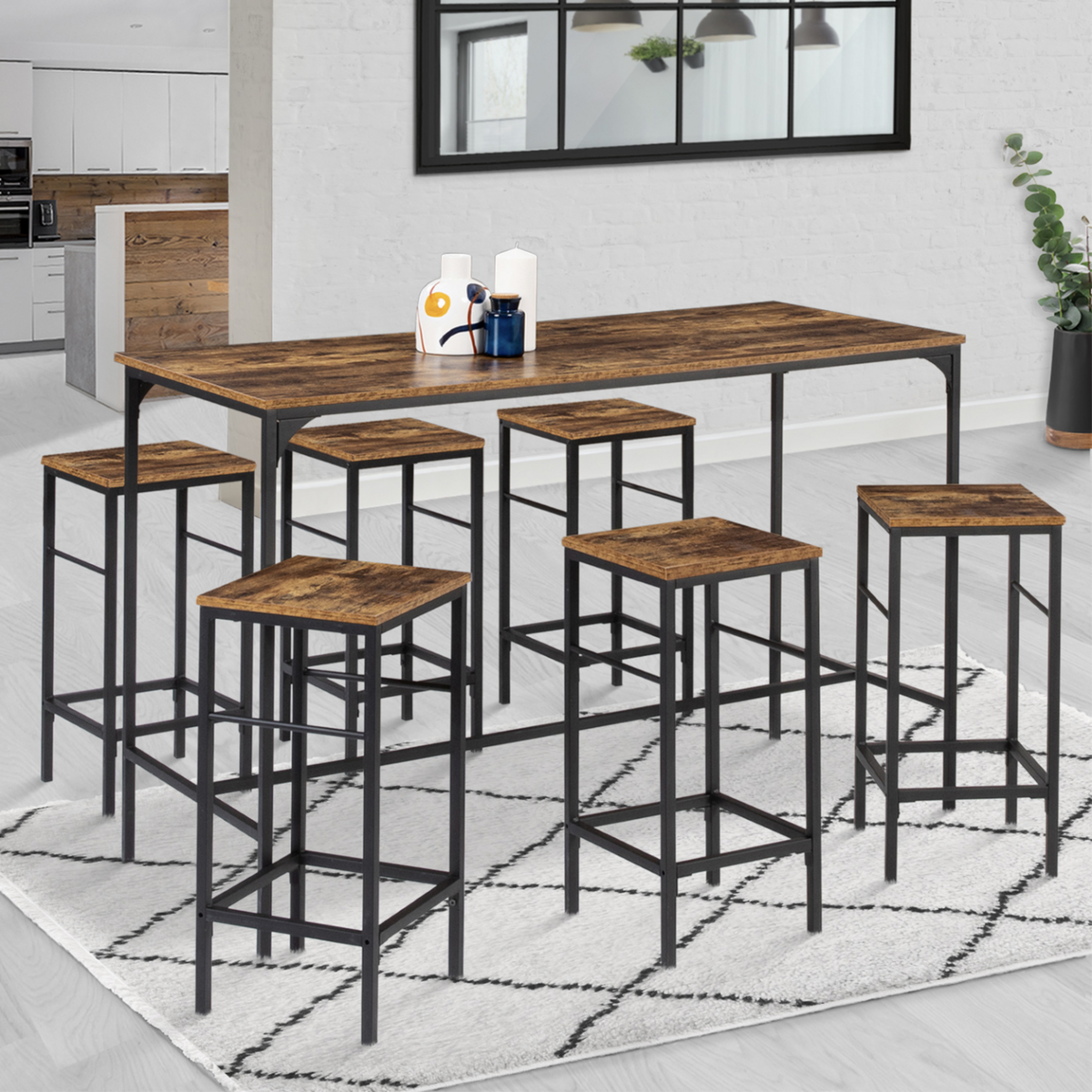 ID MARKET Ensemble table haute de bar DAYTON 150 cm et 6 tabourets effet vieilli design industriel