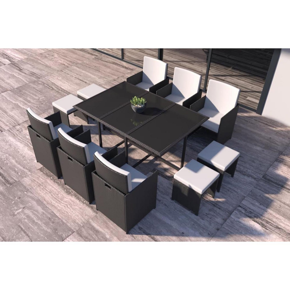 CONCEPT USINE Table et chaises 10 places en résine tressée noir et blanc FLORIDA