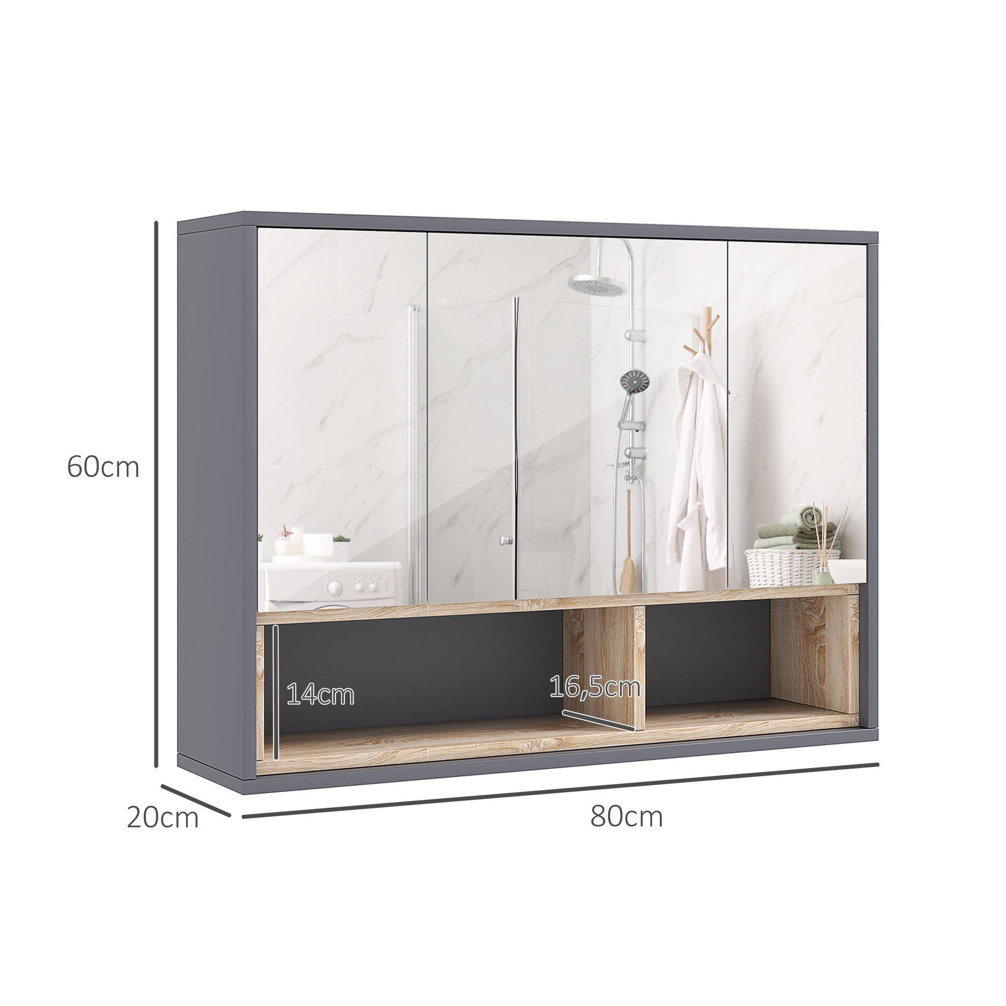 Voir la diapositive 3 : HOMCOM Armoire miroir de salle de bain - 3 portes, 3 étagères, 2 niches - dim. 80 x 20 x 60 cm - gris effet bois clair naturel