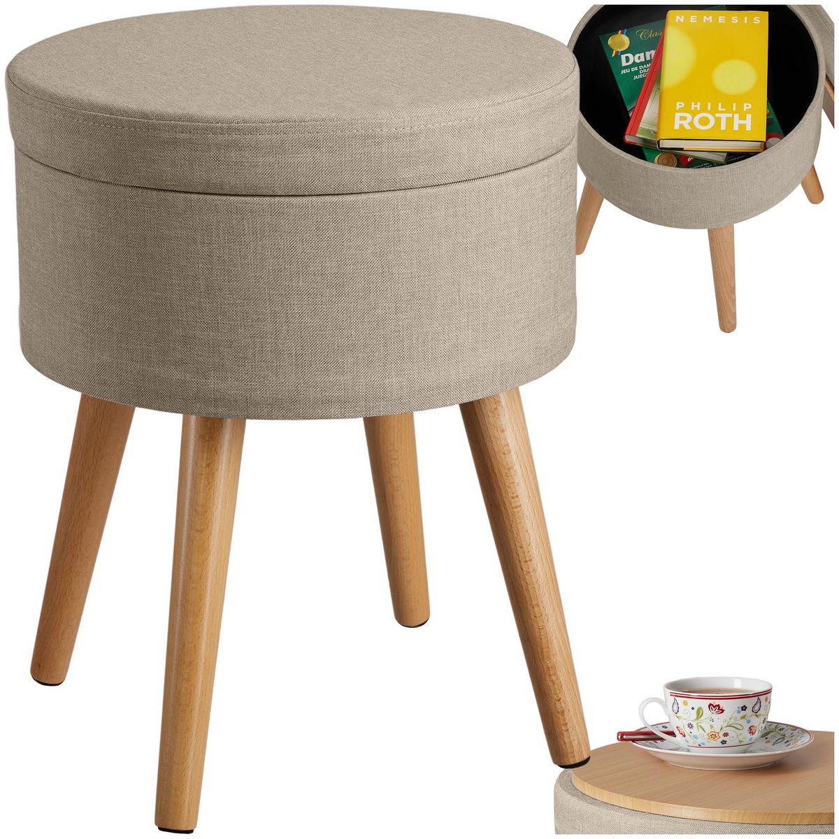 tectake Tabouret avec espace de rangement rond sable