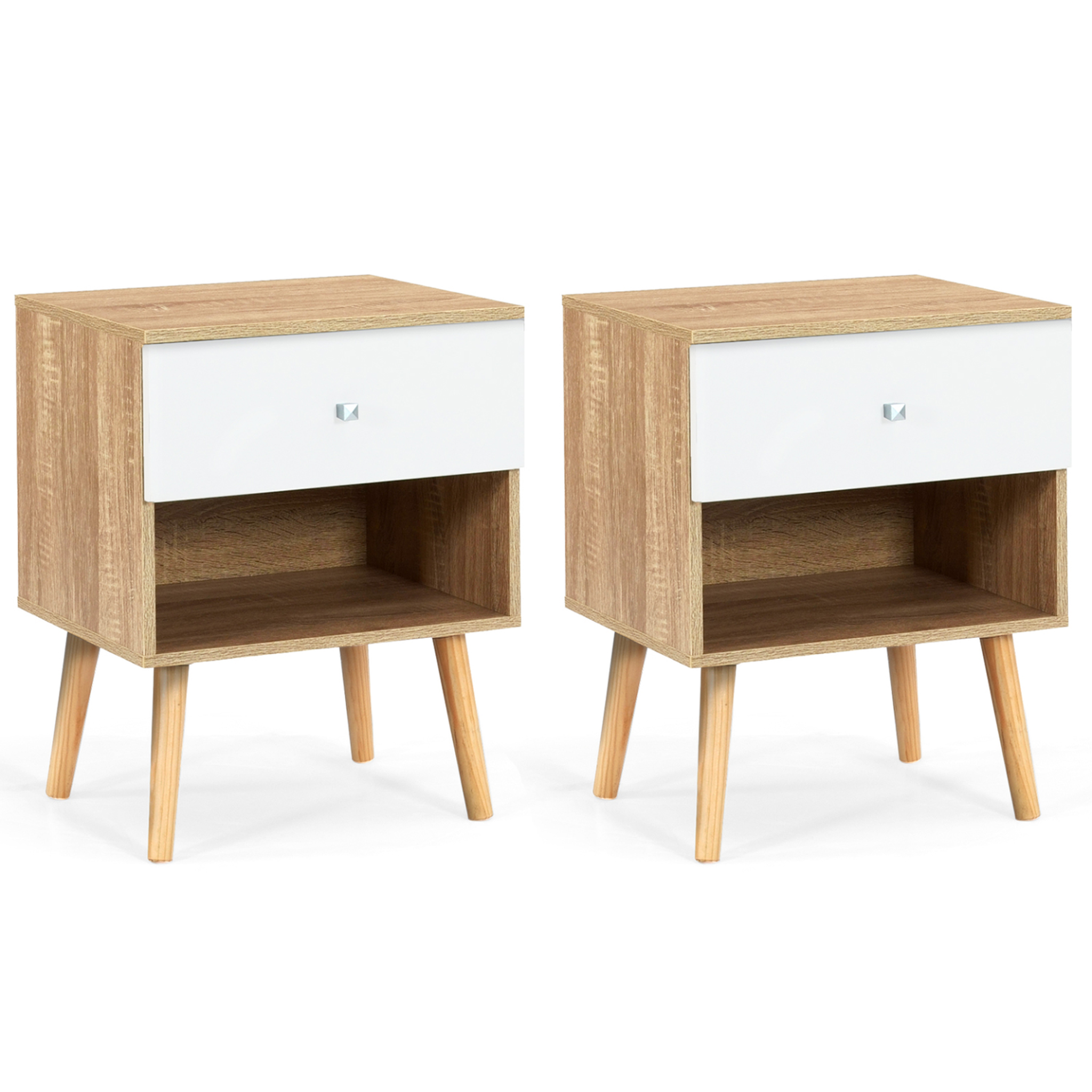ID MARKET Lot de 2 tables de chevet emmie scandinaves 1 tiroir avec niche hêtre et blanc