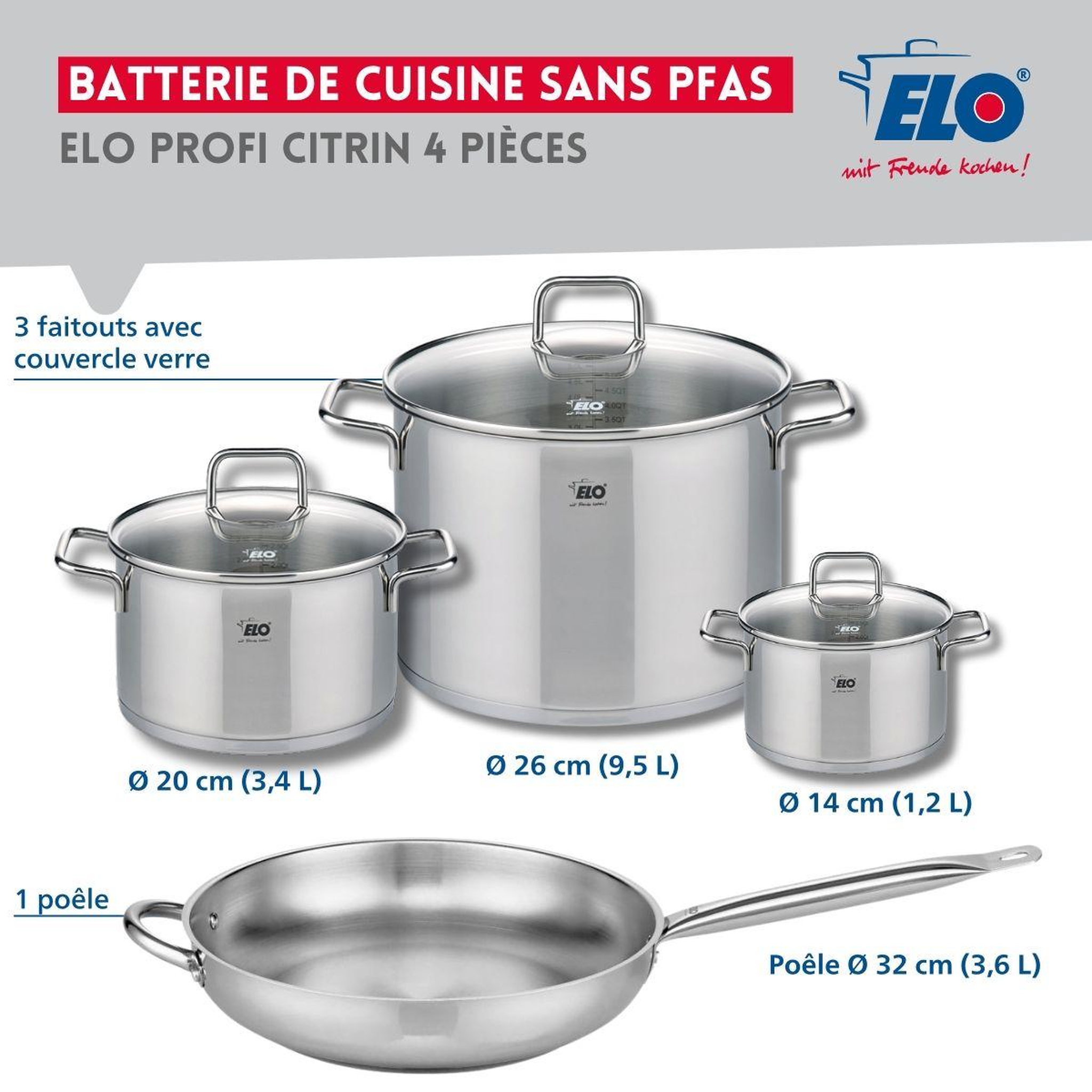 Voir la diapositive 2 : ELO Set de 1 poêle de cuisson 32 cm et 3 faitouts 14, 20 et 26 cm elo profi citrin