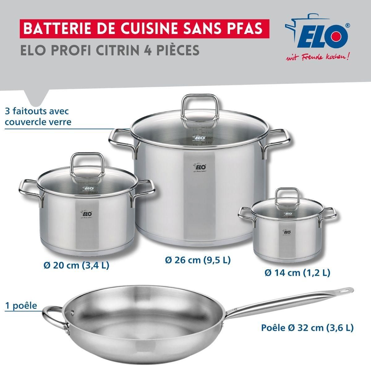 ELO Set de 1 Poêle de cuisson 32 cm et 3 faitouts 14, 20 et 26 cm Elo Profi Citrin