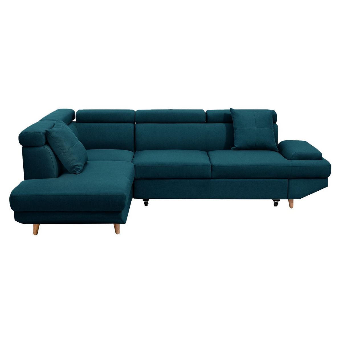 Canapé d'angle gauche convertible 5 places tissu pieds bois clair MARIUS 