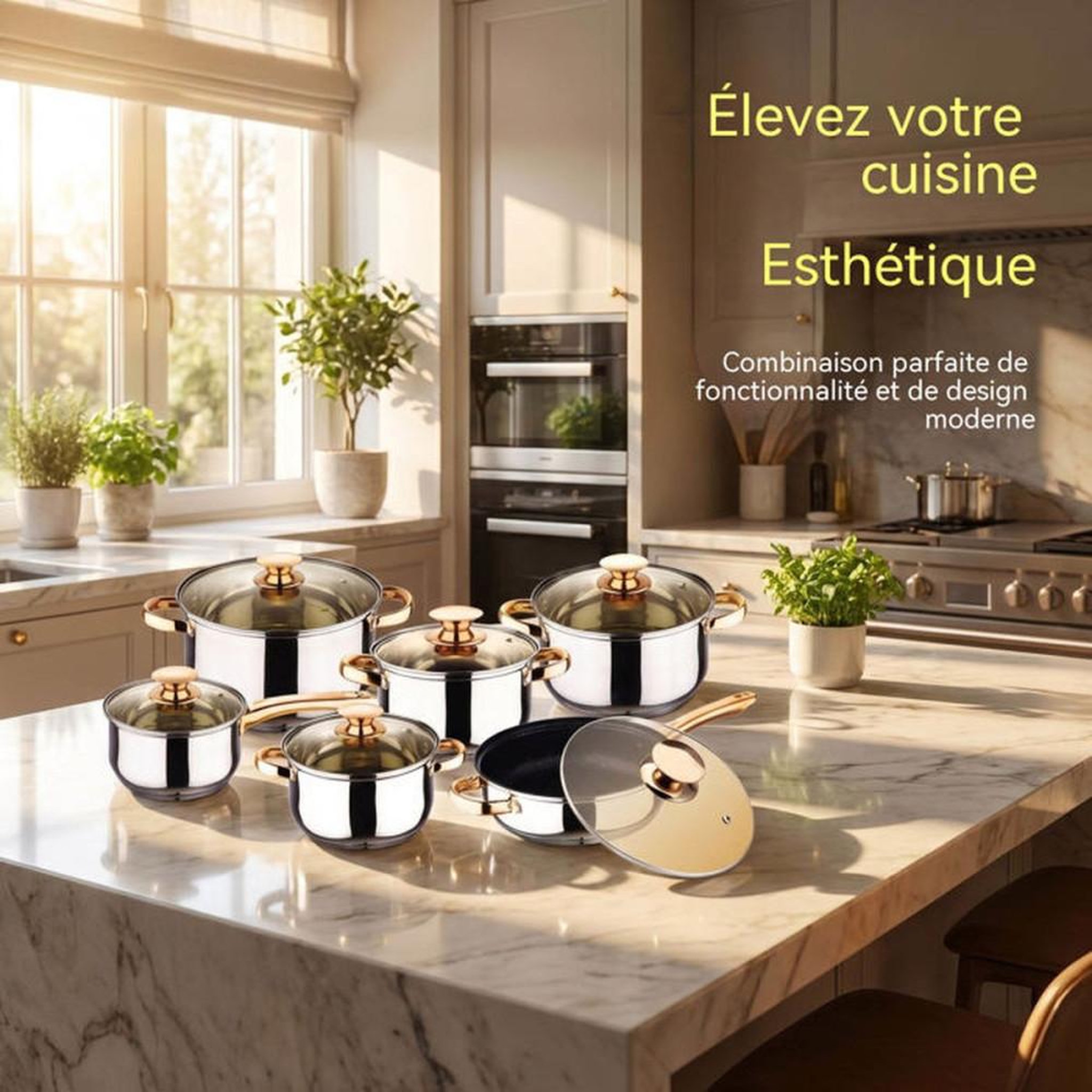 Voir la diapositive 4 : Ensemble de casseroles et poêles en acier inoxydable 201 6 pièces avec couvercles verre teinté finition dorée