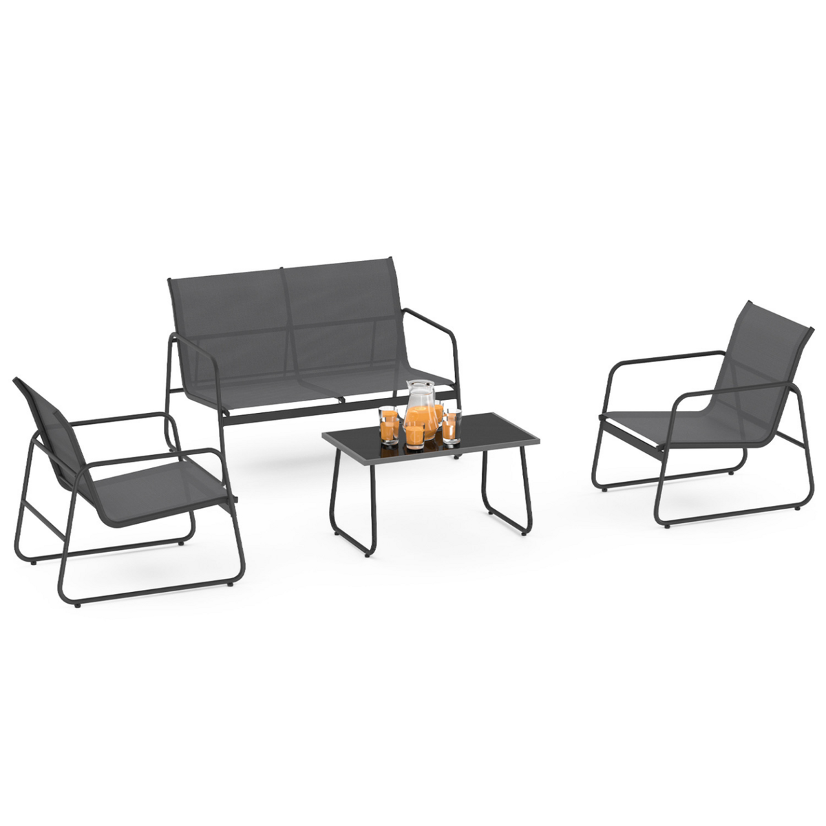 ID MARKET Salon de jardin bas MALAGA 4 places avec canapé, fauteuils et table gris anthracite