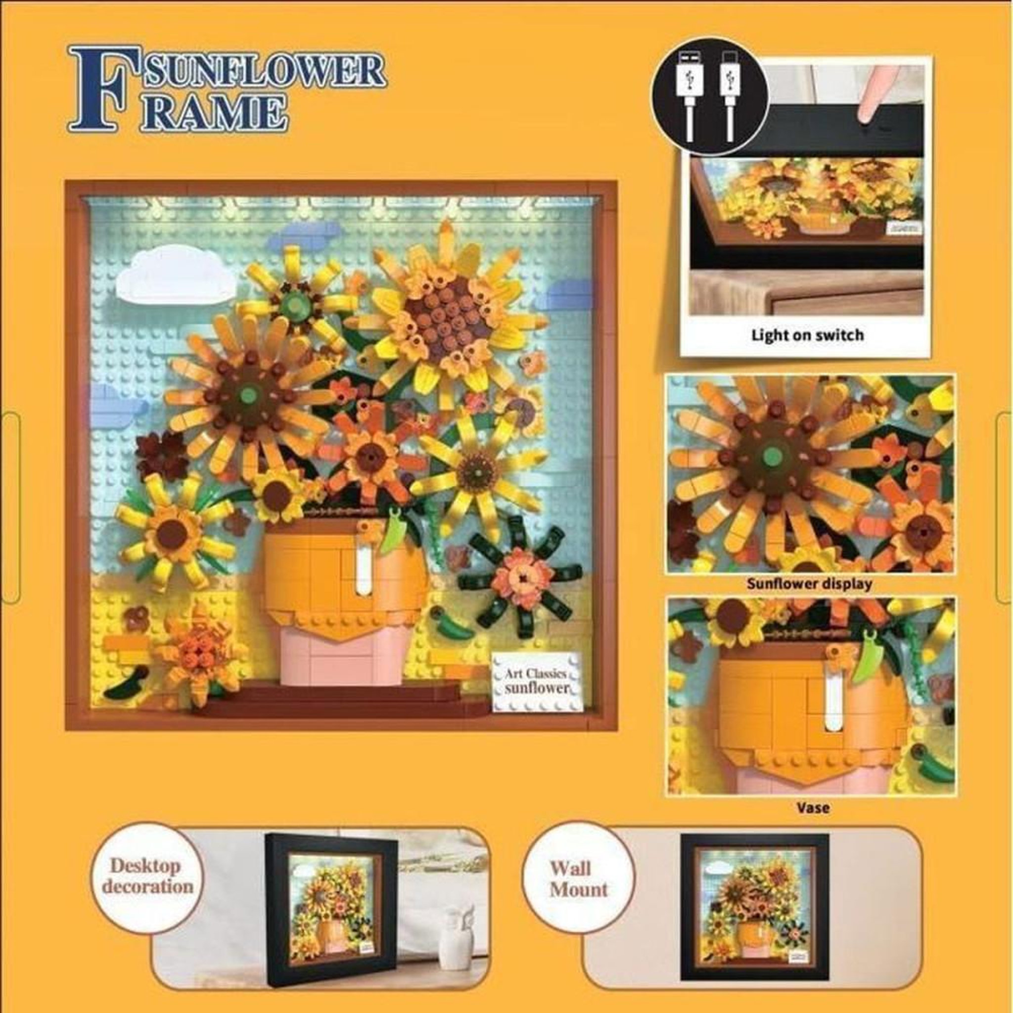 Voir la diapositive 6 : Kit cadres de briques LED HOGOKIDS « Sunflowers » inspiré de Van Gogh, 807 pièces, cadre noir, ABS, alimentation USB