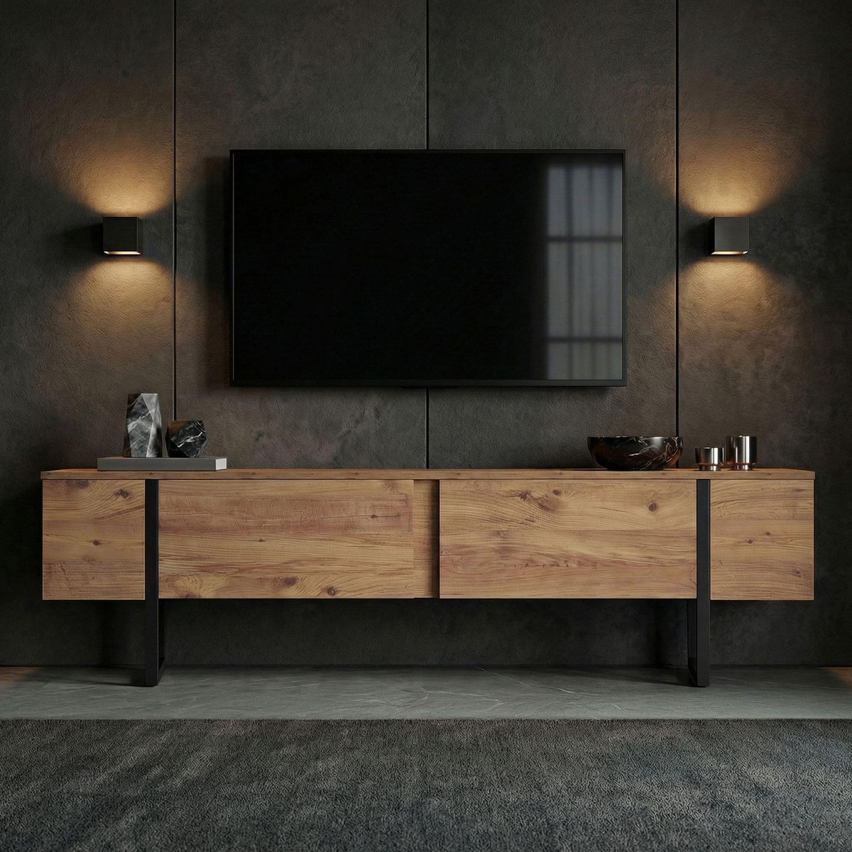 Habitat et Jardin Meuble TV en bois  Onera  - 180 x 30 x 50 cm - Pin Atlantique / Noir