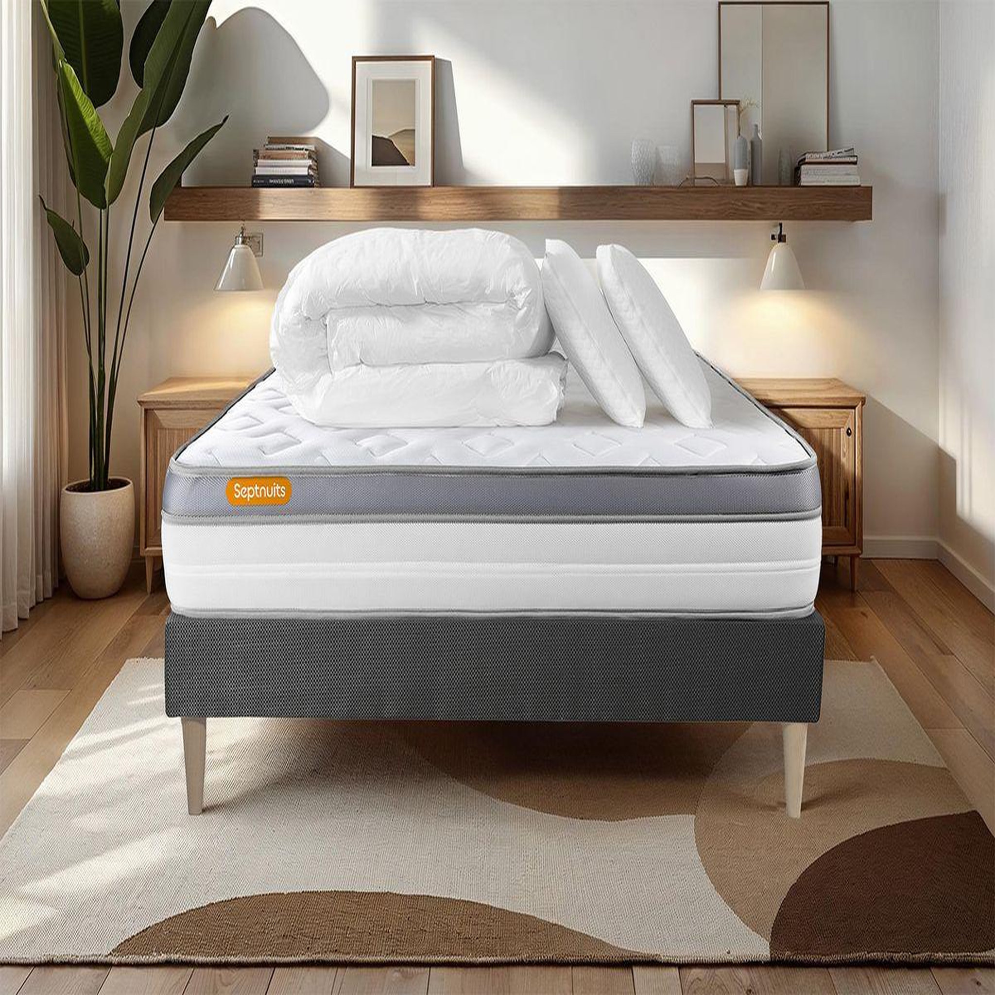 Voir la diapositive 1 : SEPTNUITS Pack matelas + sommier gris 140x190 Memo Zen Mousse à mémoire de forme 5 zones de confort MAXI épaisseur + Couette + 2 oreillers