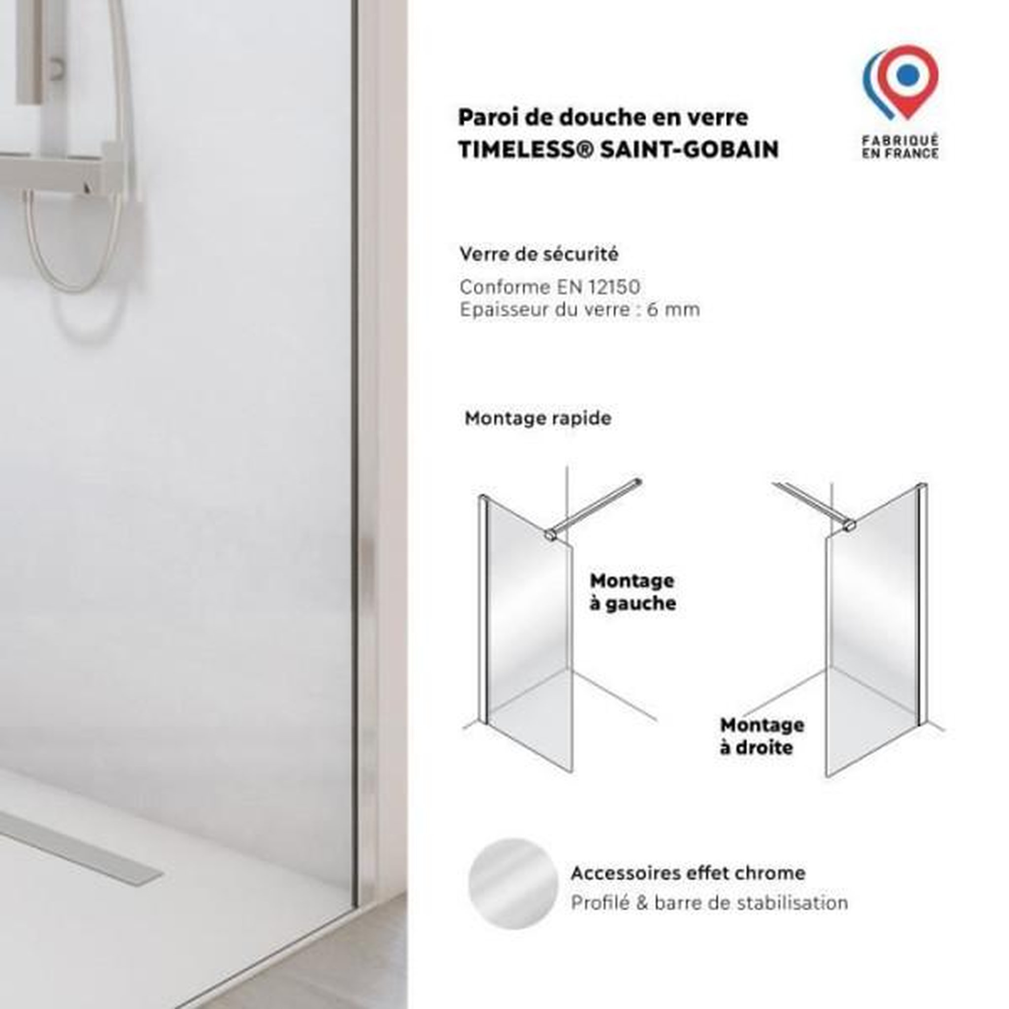 Voir la diapositive 3 : AURYS Paroi de douche - AURYS - BALEARES - Verre Timesless clair 6 mm - L.198 x l.100 cm