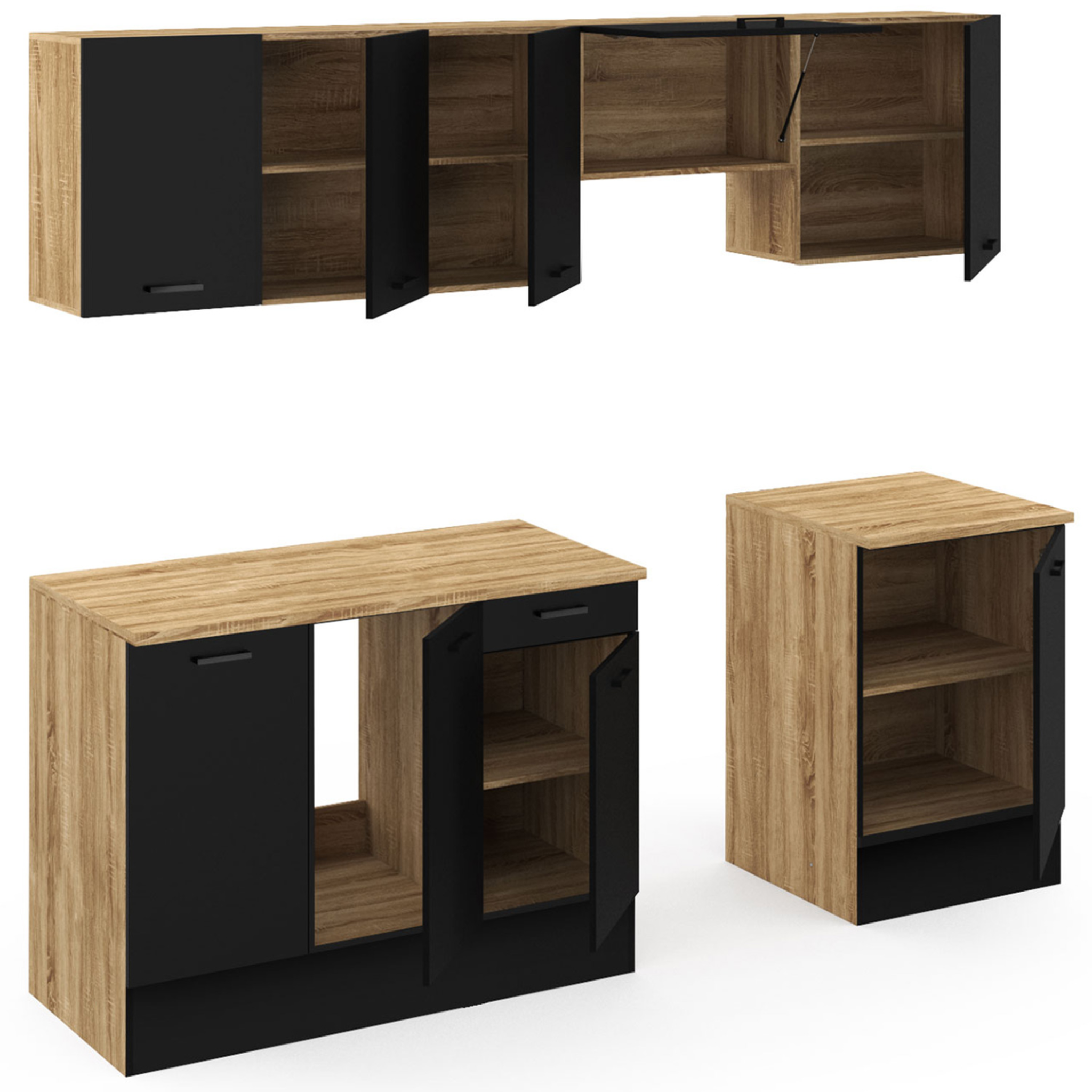 Voir la diapositive 4 : ID MARKET Cuisine complète 240 cm subtil avec plan de travail 7 éléments bois et noir
