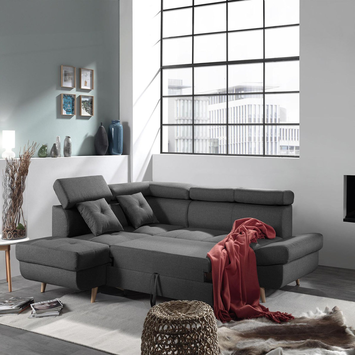 BEST MOBILIER Linea - canapé d'angle gauche convertible - 5 places - avec têtières