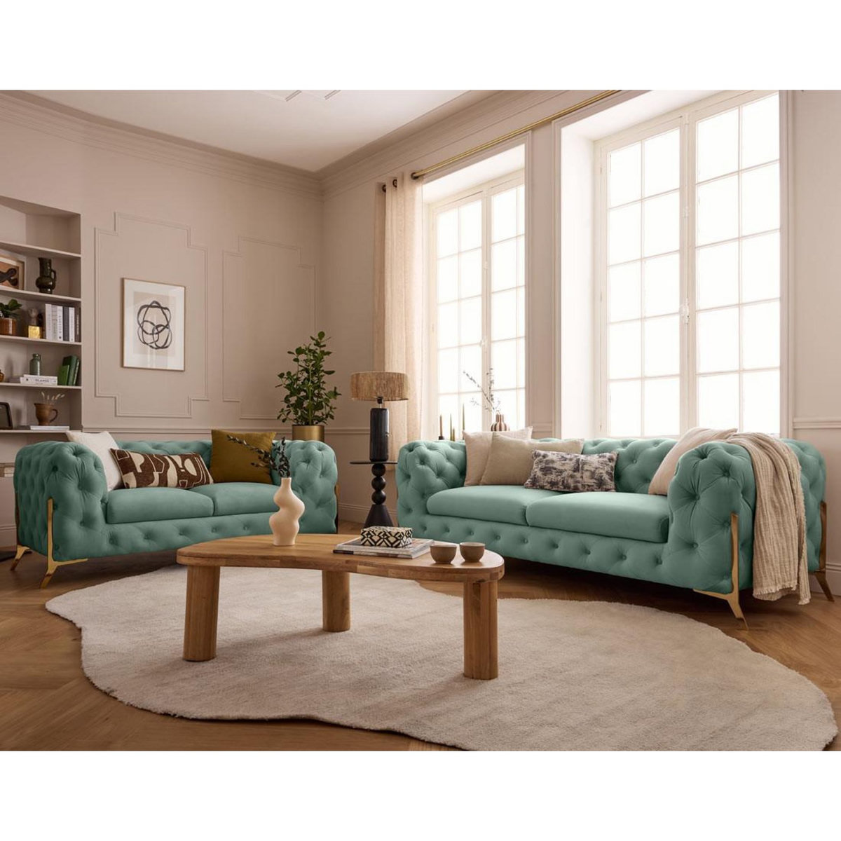 LISA DESIGN Camden - canapé 2 places chesterfield en velours - pieds en métal doré